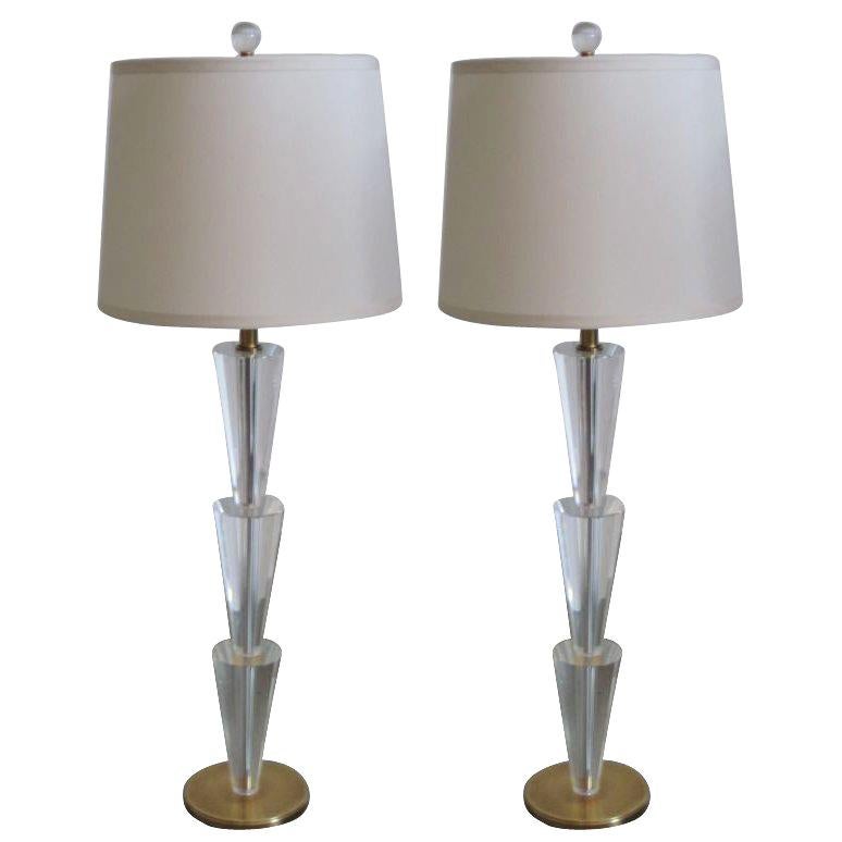 Pair Italian Modern Neoclassical Crystal & Brass Table Lamps, Fontana Arte Style