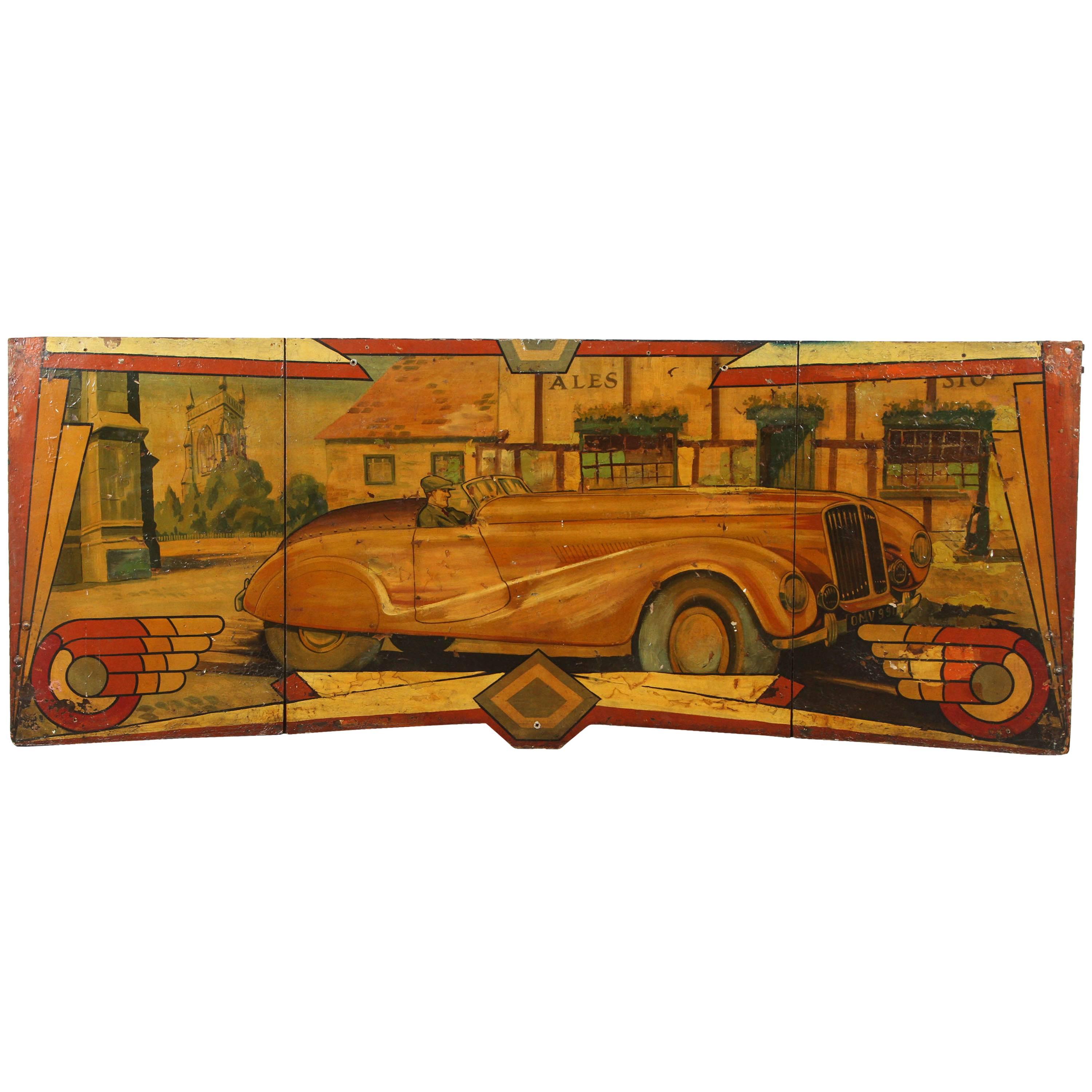 Early Carnival Automobile Ride Original Hand-Painted Rounding Board