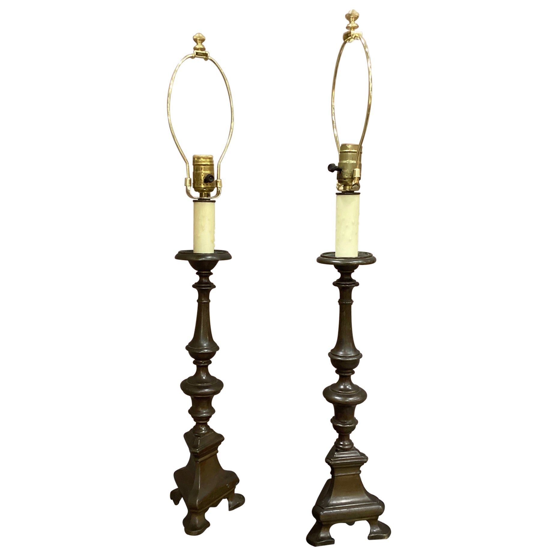 Pair of 19th Century Italian Baroque Style Bronze Candlesticks Lamps  For Sale