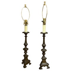 Pair of 19th Century Italian Baroque Style Bronze Candlesticks Lamps 