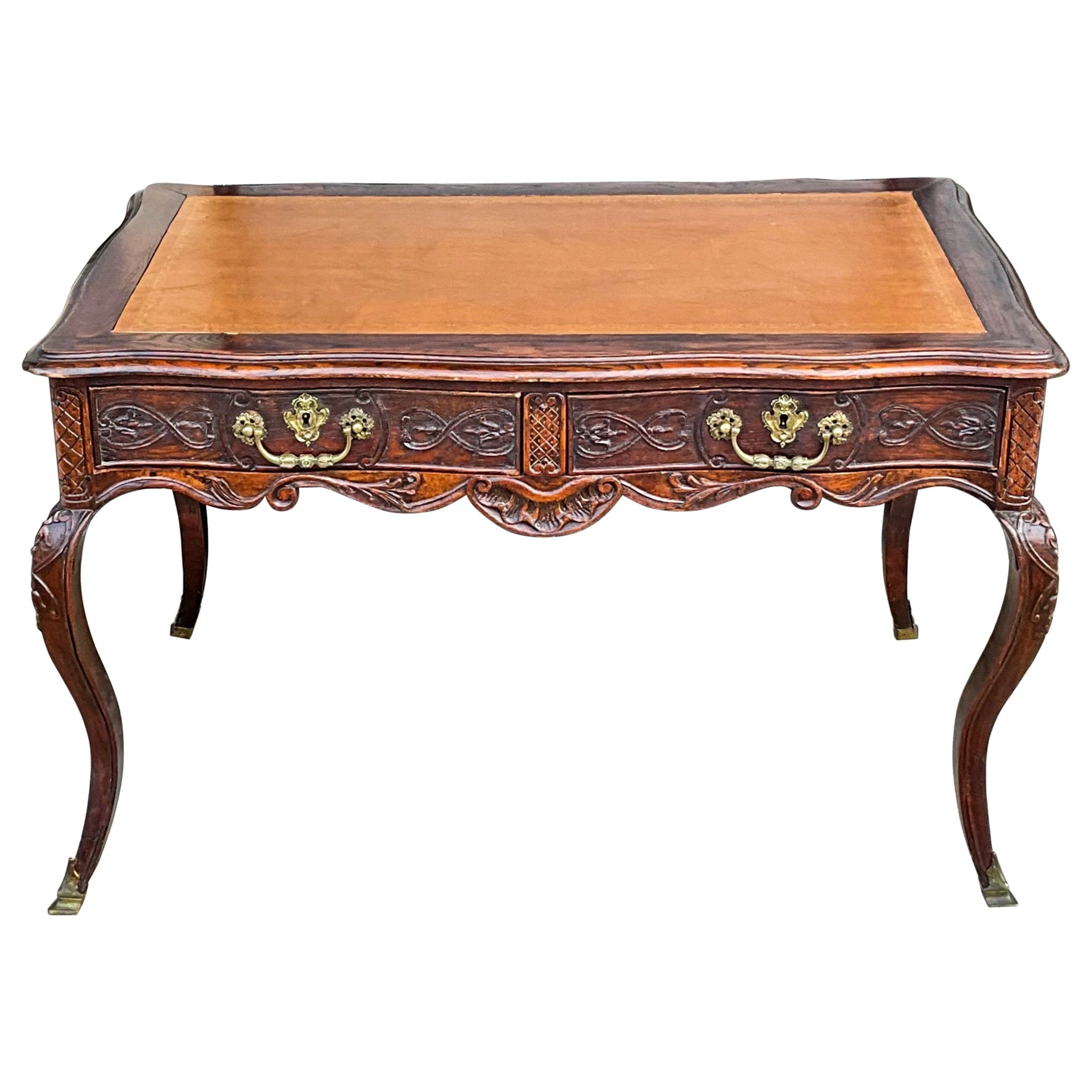 18th-C. French Louis XV Style Carved Oak Tooled Leather & Bronze Writing Desk For Sale