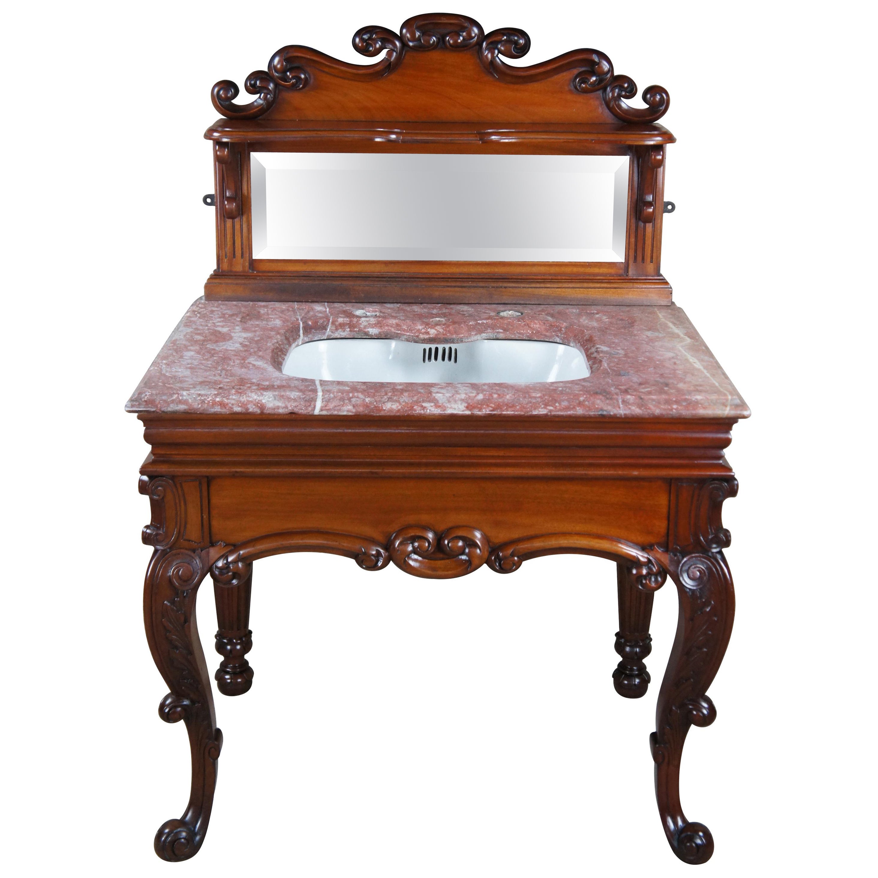 Rare Antique French Victorian Mahogany Marble Top Bathroom Vanity Porcelain Sink For Sale