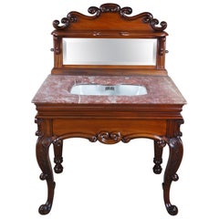 Rare Used French Victorian Mahogany Marble Top Bathroom Vanity Porcelain Sink