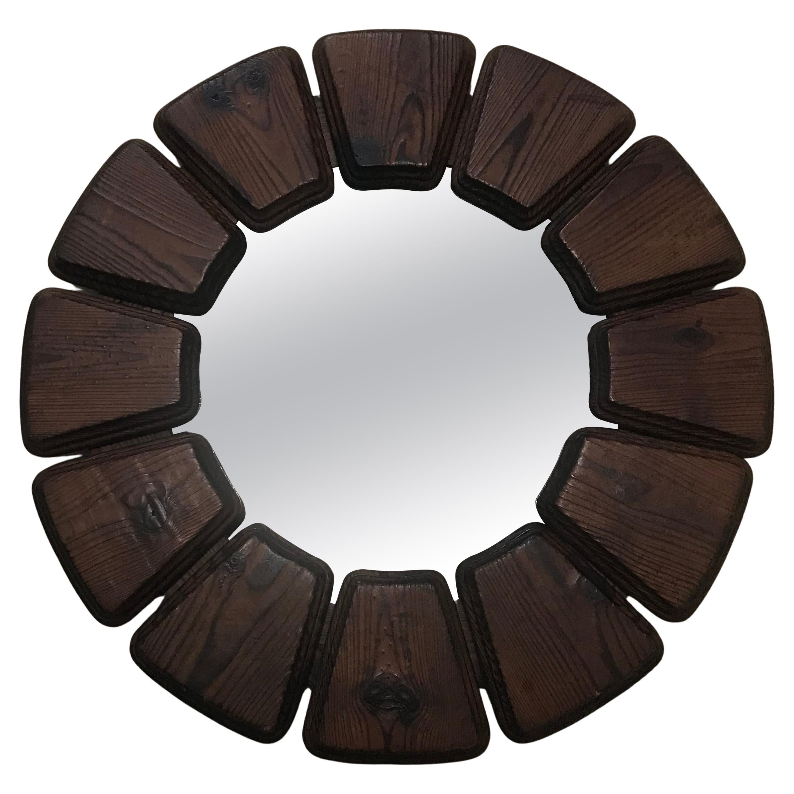 Oak brutalist miror, french 1970