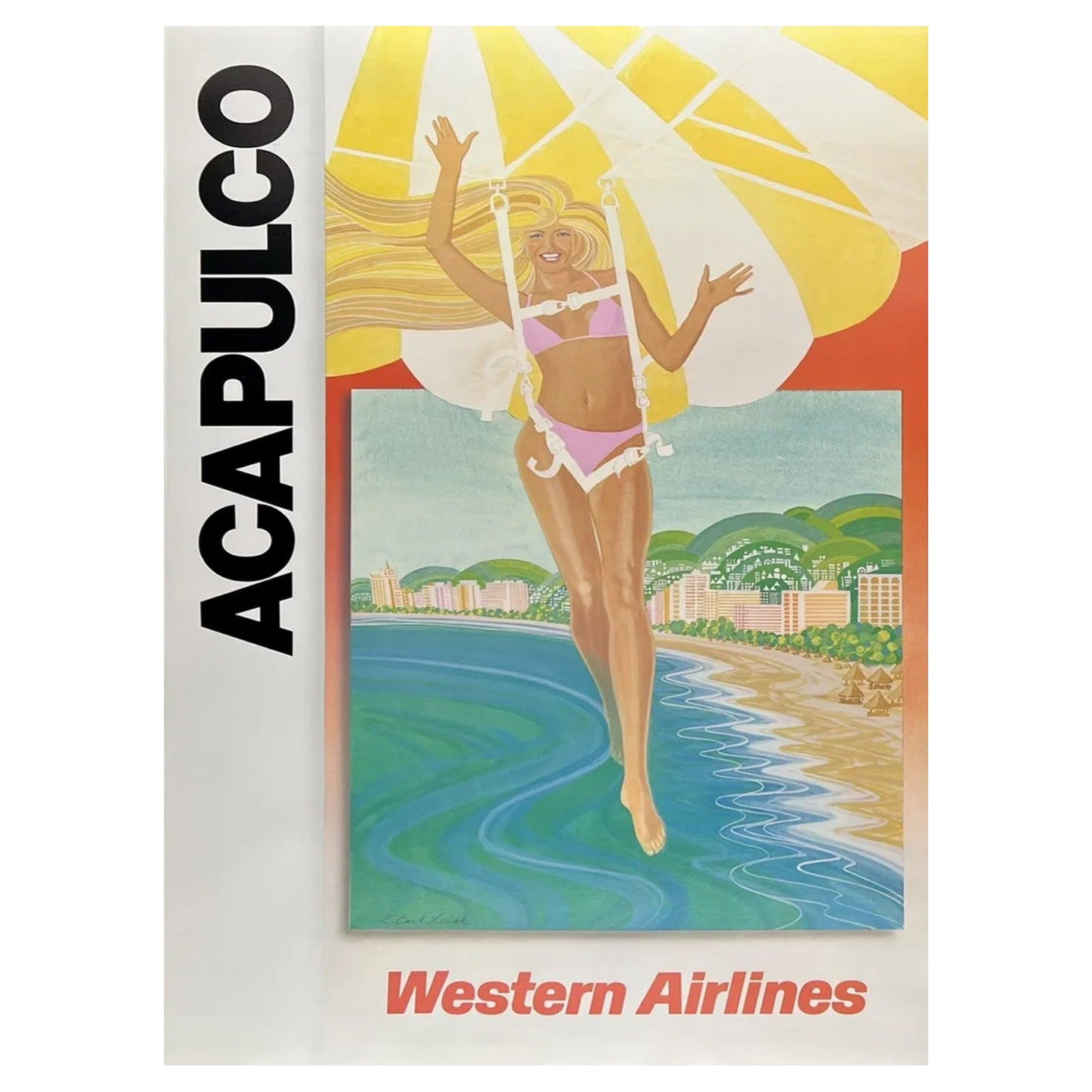 Affiche vintage originale d'Acapulco - Western Air Lines, 1980