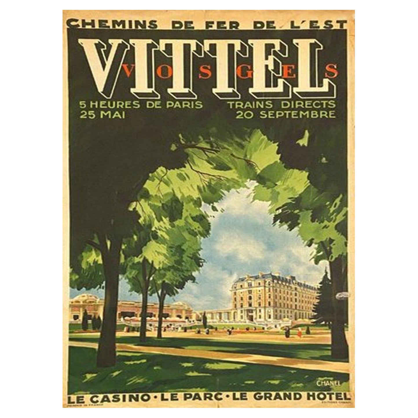 Affiche vintage d'origine Vittel Vosges de 1920 en vente