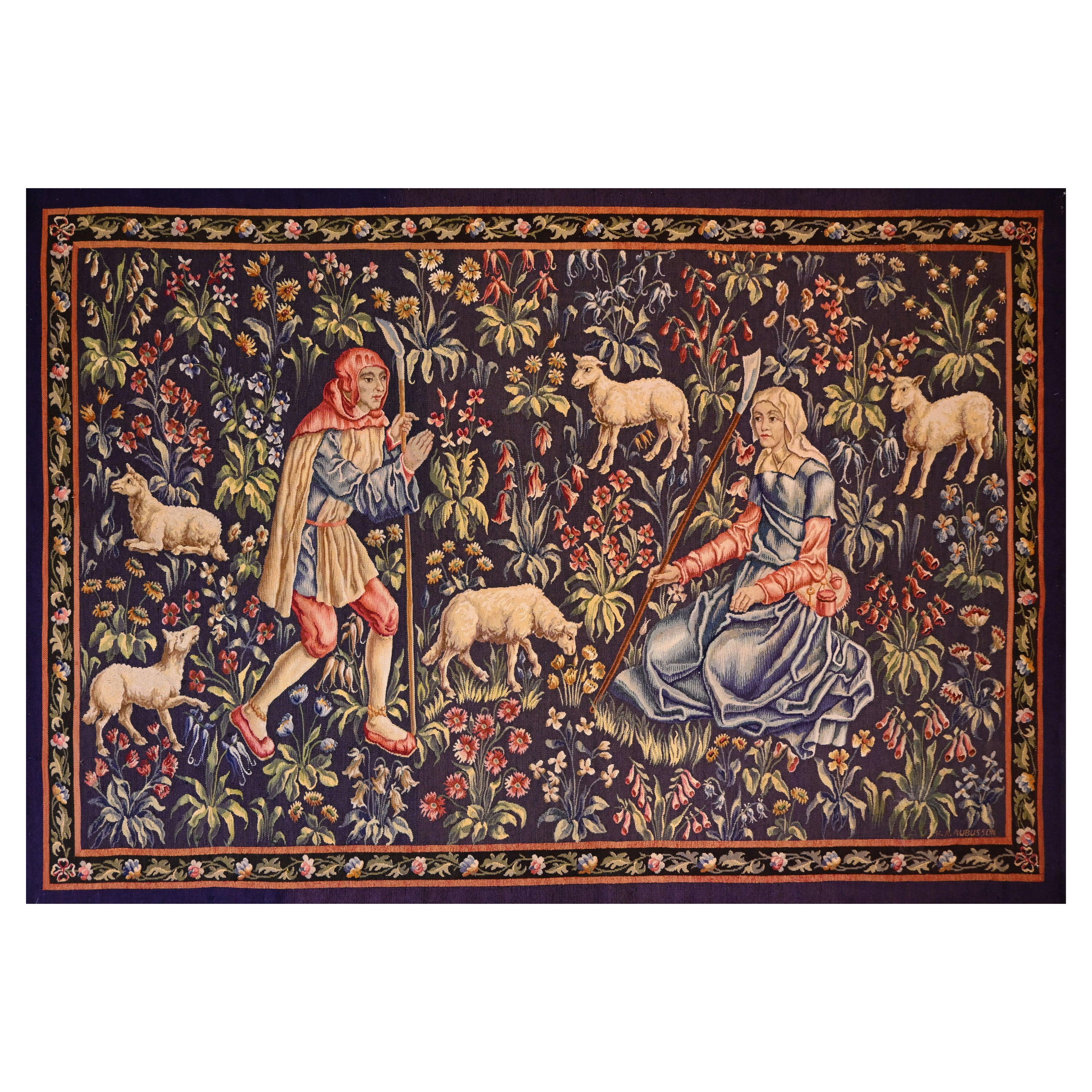 French Aubusson Tapestry signed 19th century - A couple of shepherds - No. 1369