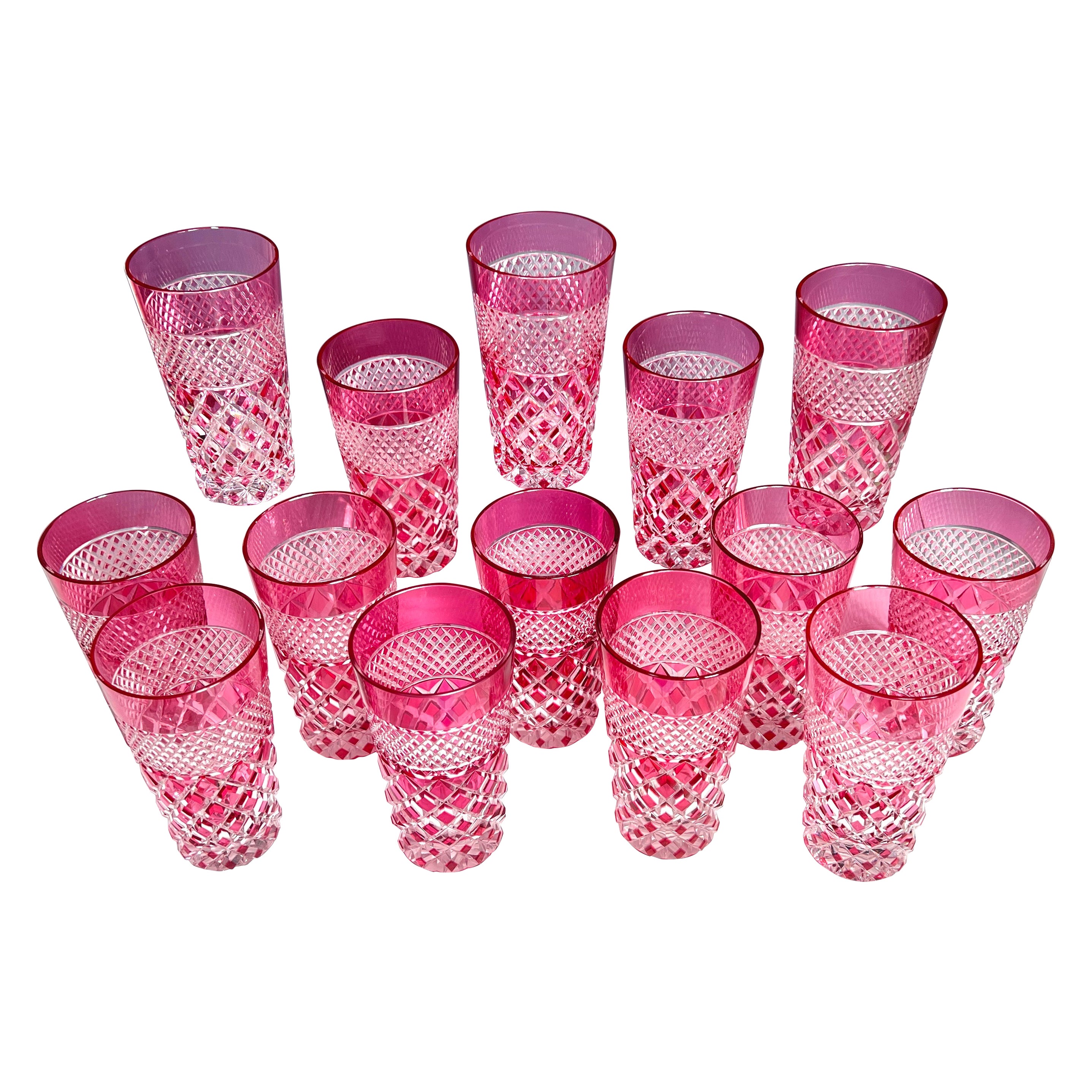 Set of 14 Saint Louis Cranberry Overlay Cut to Clear Crystal Tumblers