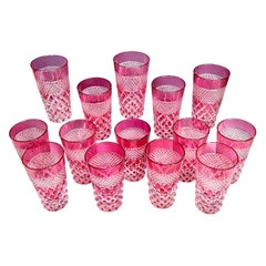 Set of 14 Saint Louis Cranberry Overlay Cut to Clear Crystal Tumblers