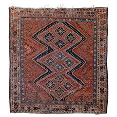 Antique Shiraz Oriental Wool Rug with Triple Medallion C1920