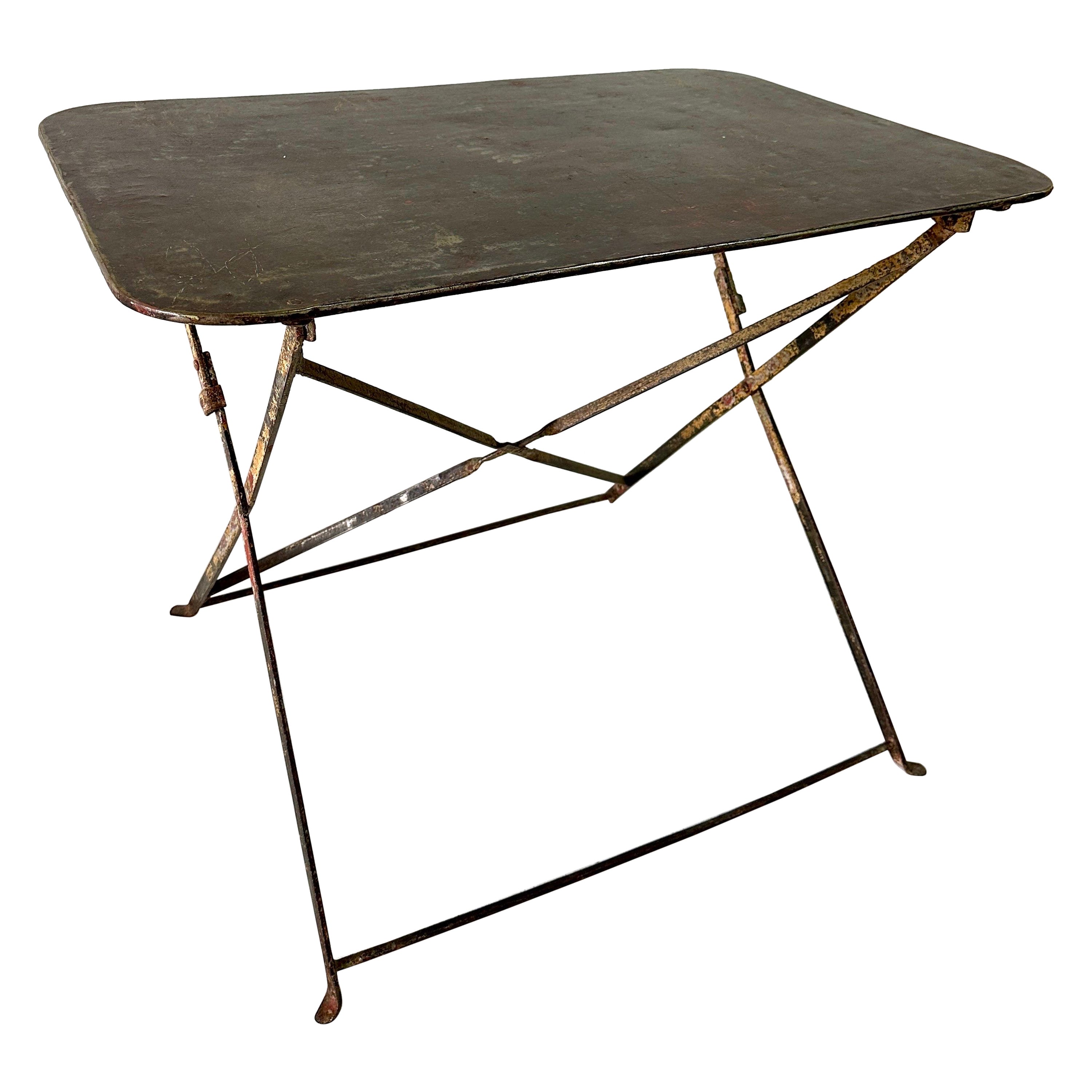 Vintage French Distressed Metal Folding Bistro Table For Sale