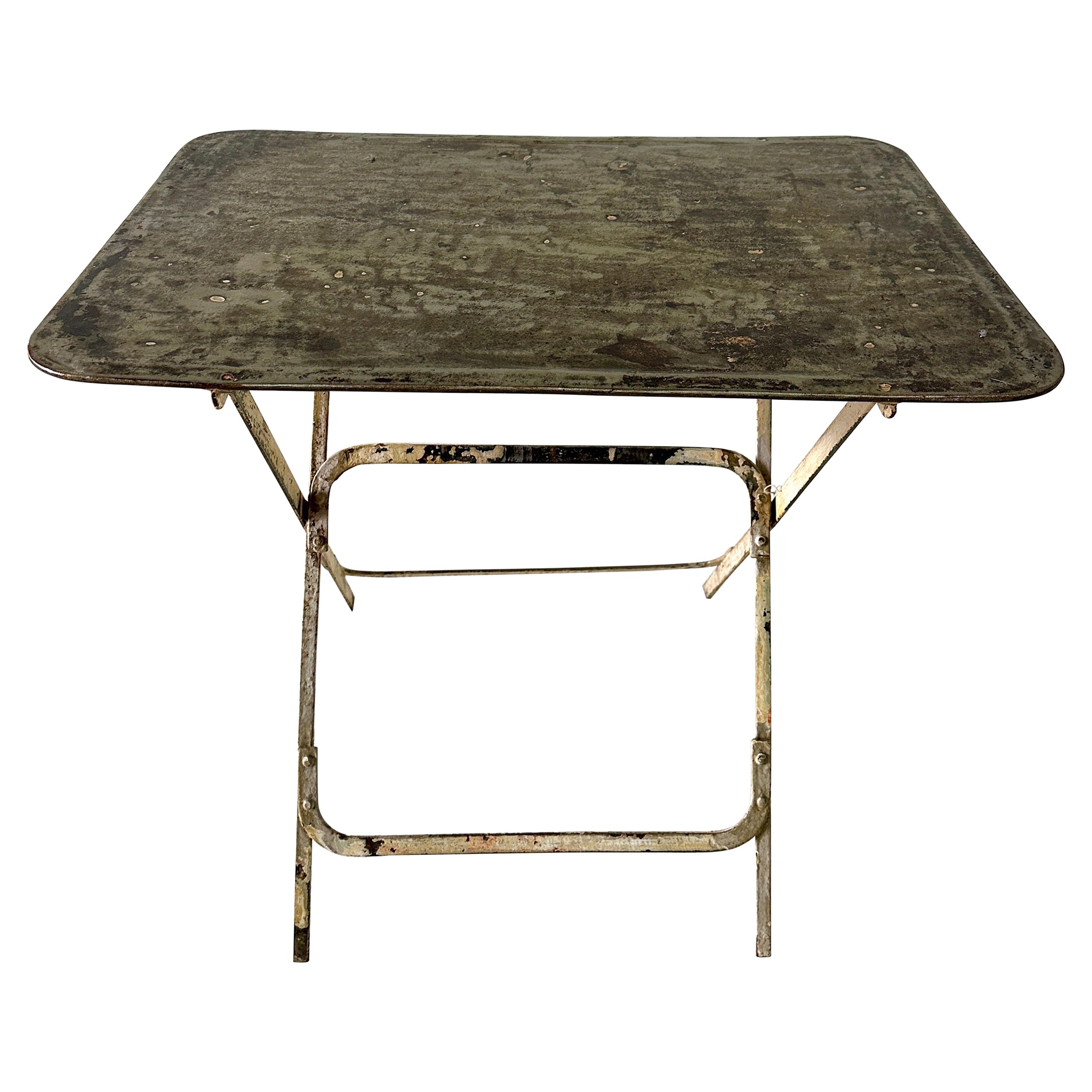 Vintage French Industrial & Distressed Metal Bistro Folding Table For Sale
