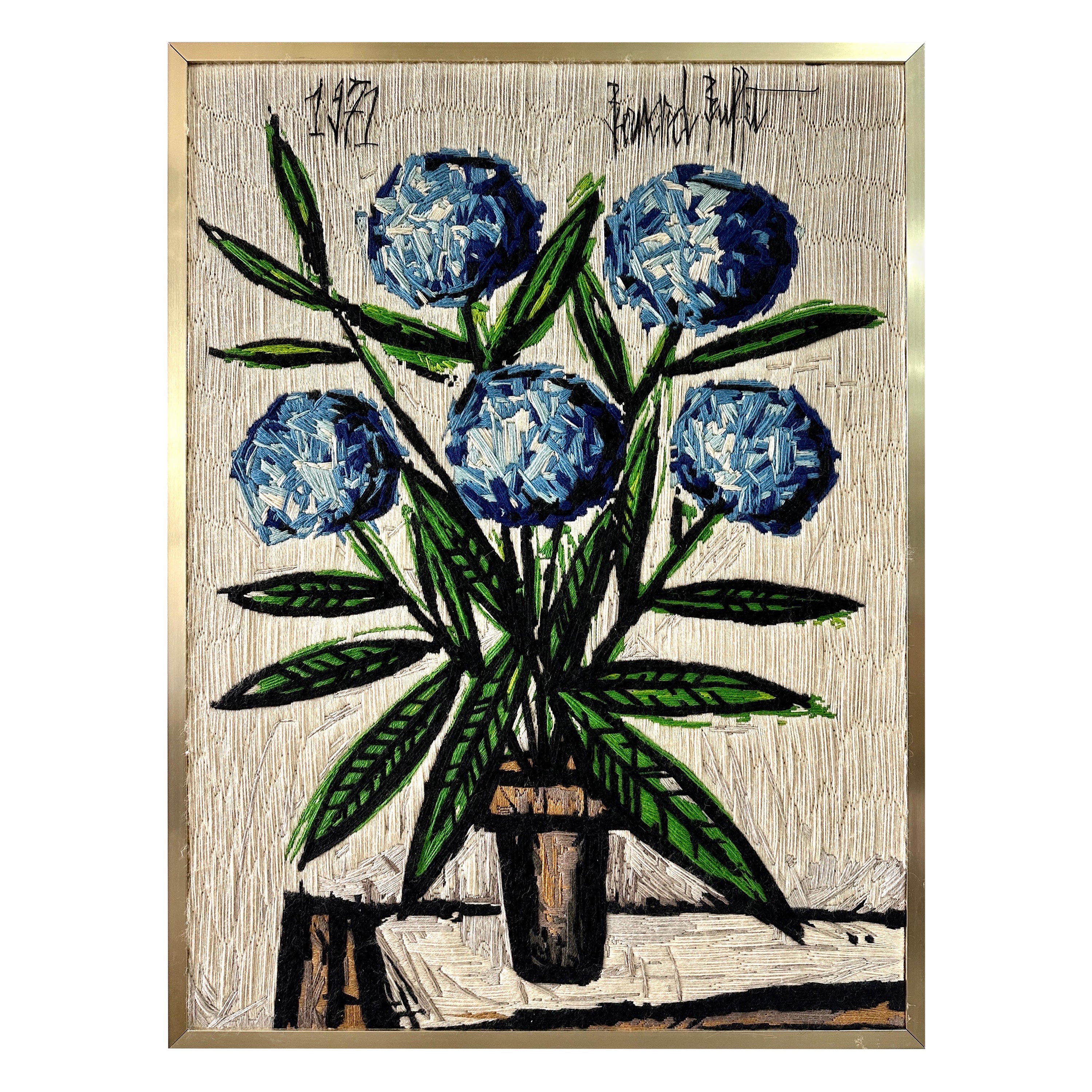 Nach Bernard Buffet 1971 Blau Hydrangeas Wandteppich aus Wolle, gerahmte Wandkunst im Angebot