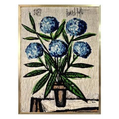 Retro After Bernard Buffet 1971 Blue Hydrangeas Wool Tapestry Framed Wall Art