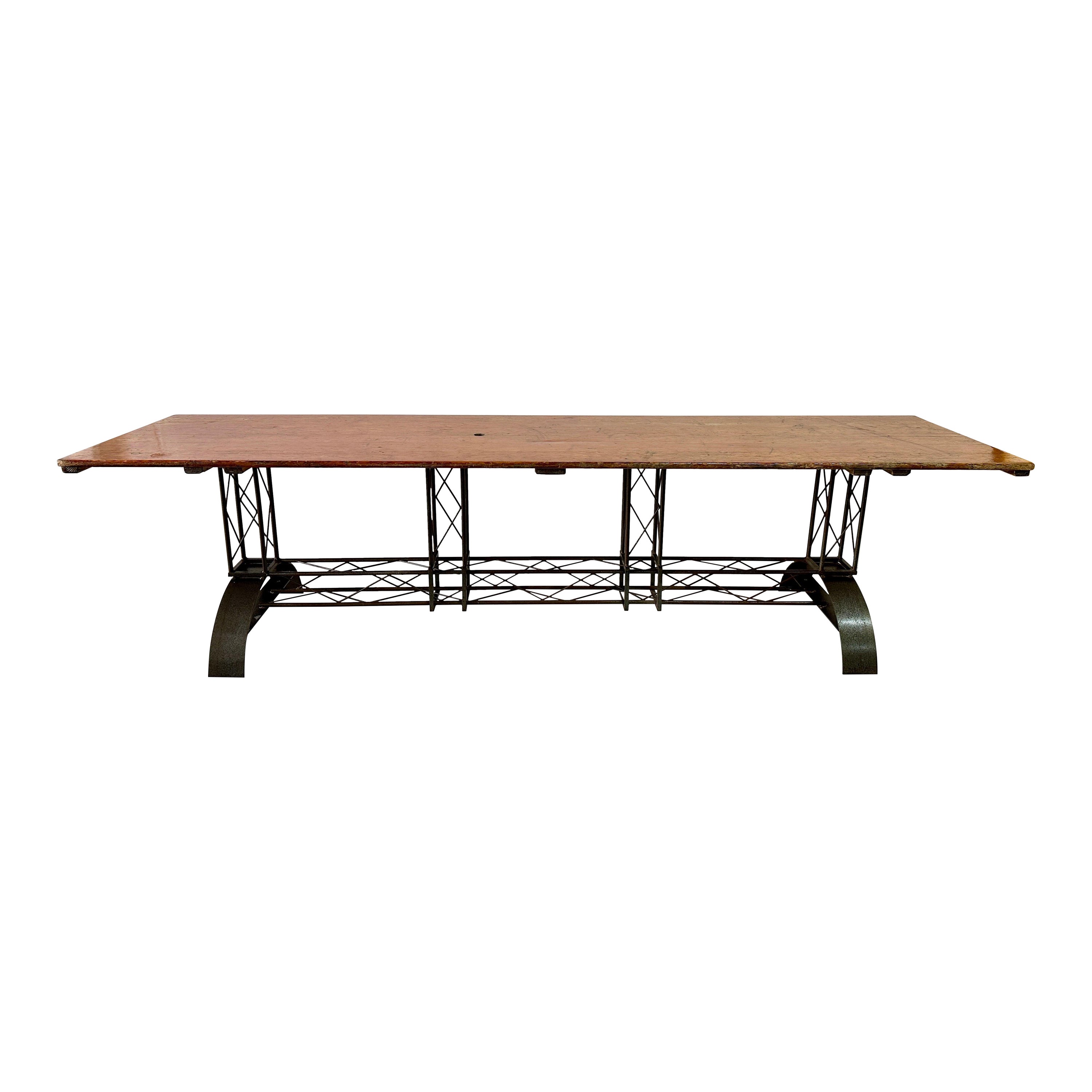Extra Long French Architectural Iron Base Table w/ Distressed Wood Top For Sale