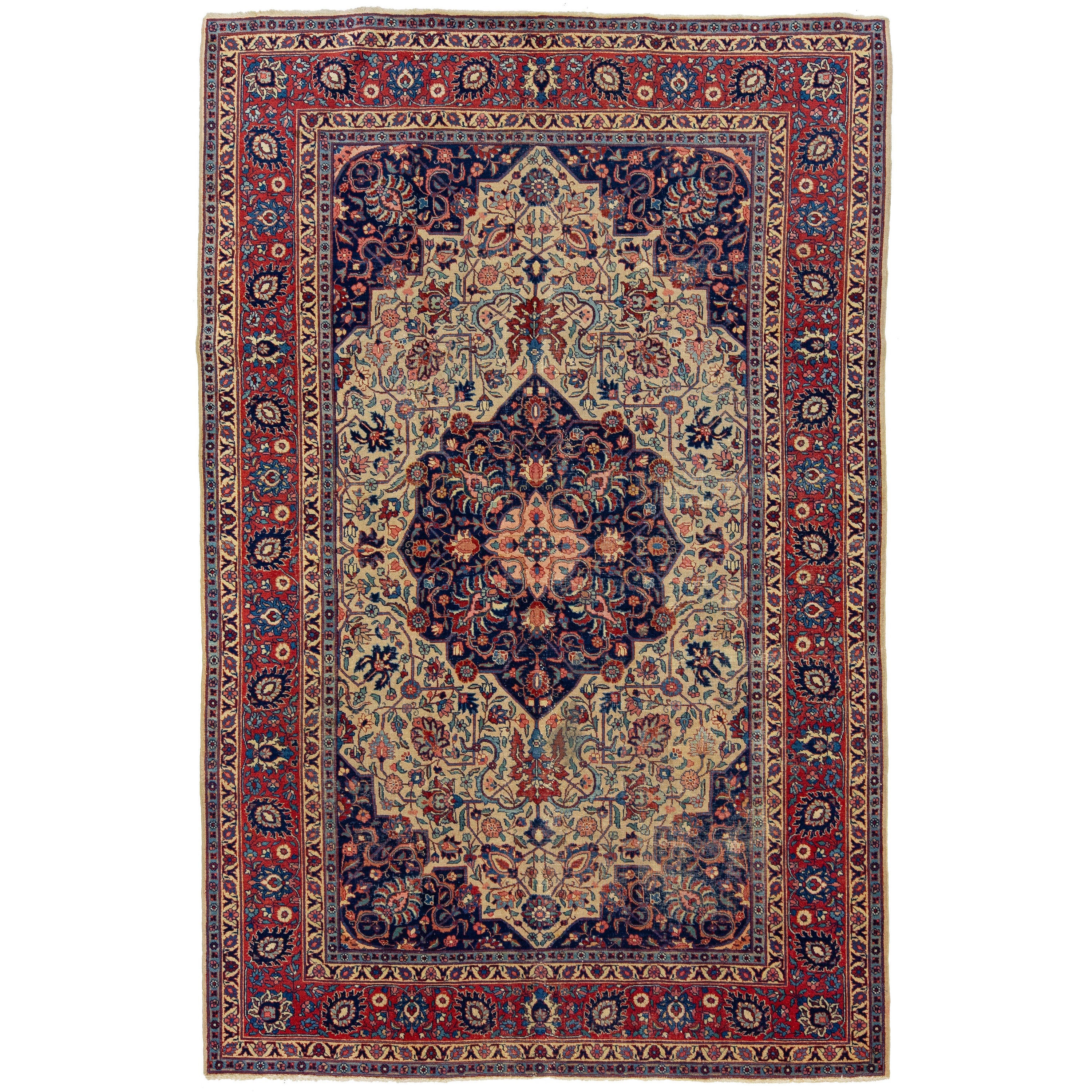 Blue Antique Wool Rug Persian Tabriz From 1920s with A Medallion Design