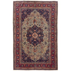 Blue Antique Wool Rug Persian Tabriz From 1920s with A Medallion Design