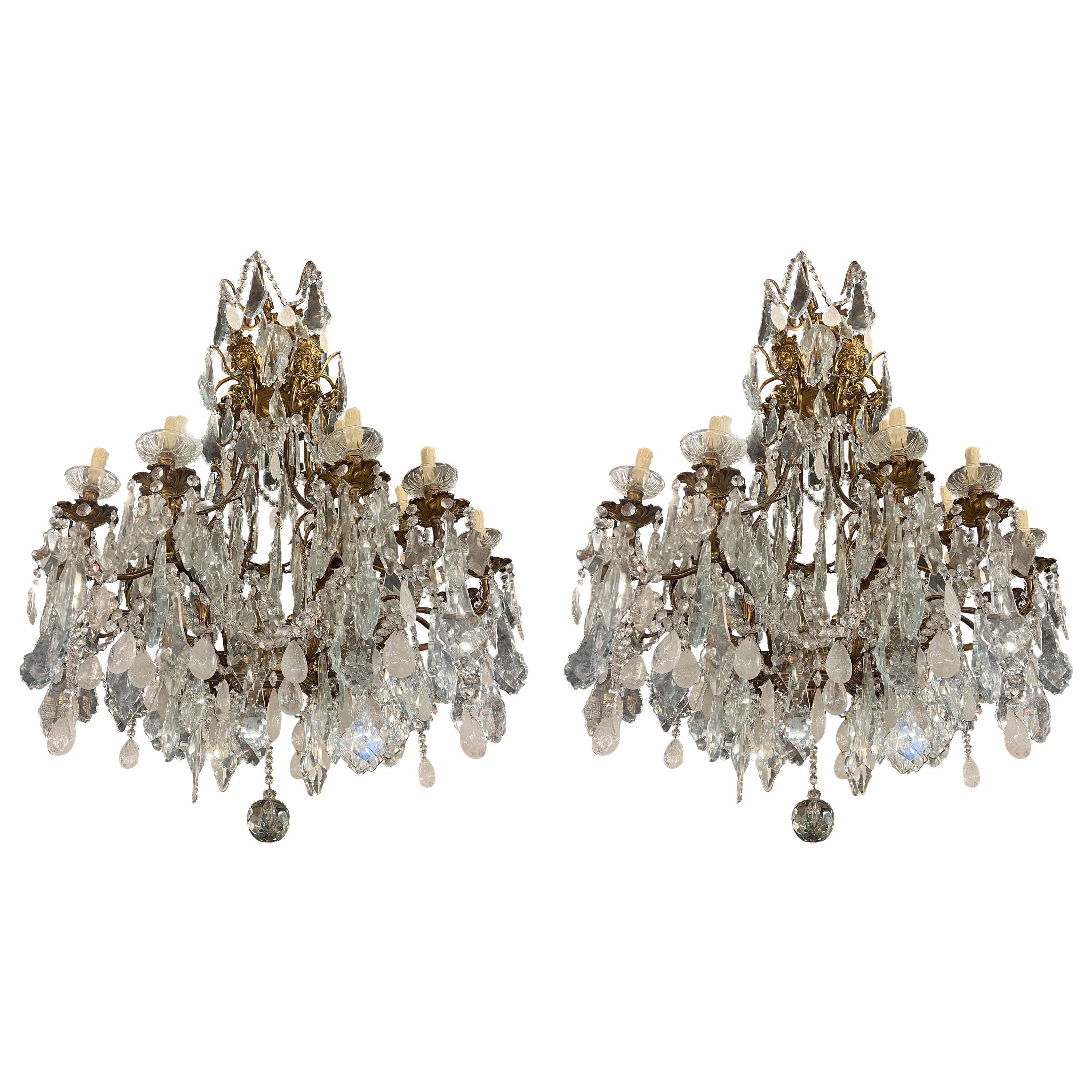 Stunning, 19thC, bronze and rock crystal, 5ft tall French chandelier (pair)
 For Sale