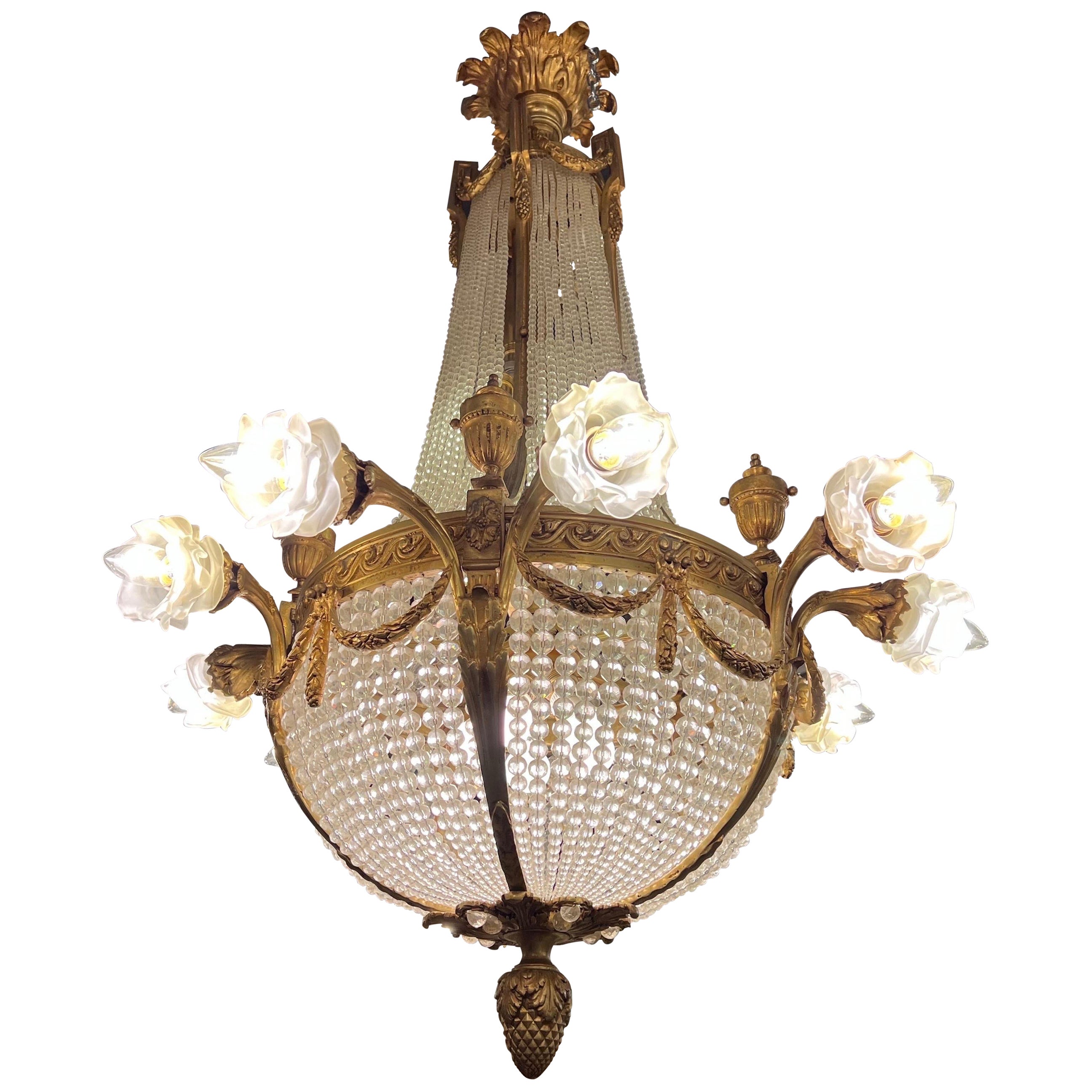 Fantastic antique French crystal empire chandelier with bronze frame  For Sale