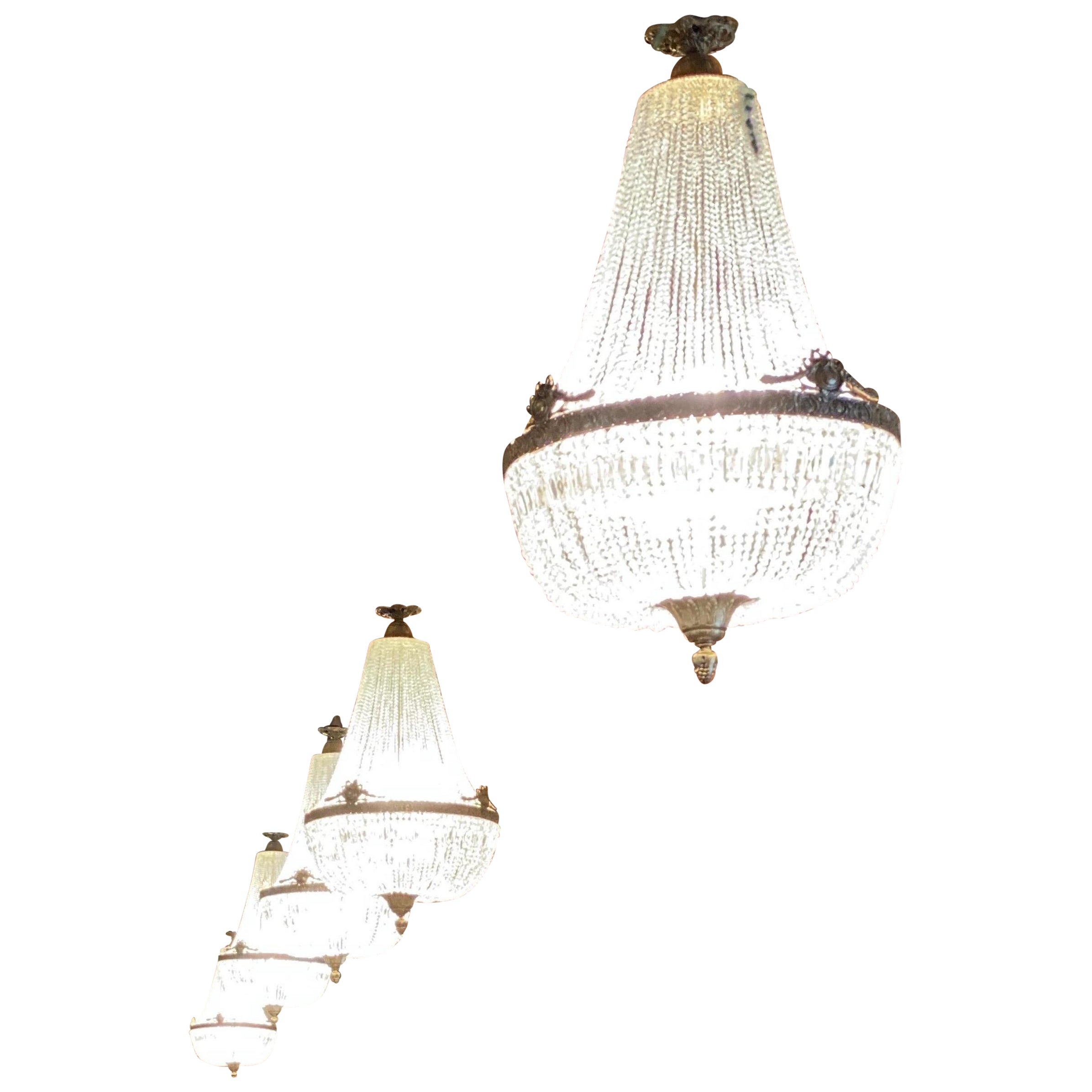 Huge French crystal empire chandeliers (5x available)  For Sale