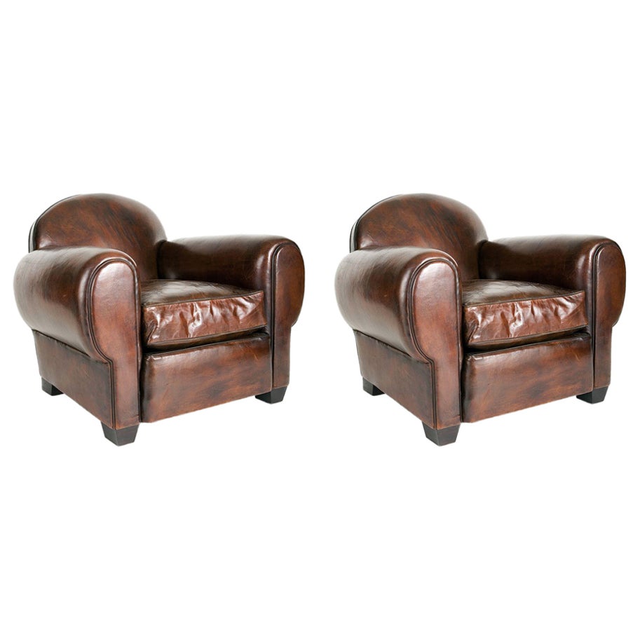 Pair of Normandy Leather Club Chairs - Jean de Merry For Sale