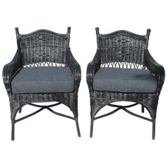 Vintage Bar Harbor Style Wicker Chairs With Sunbrella Fabric Cushions -Pair