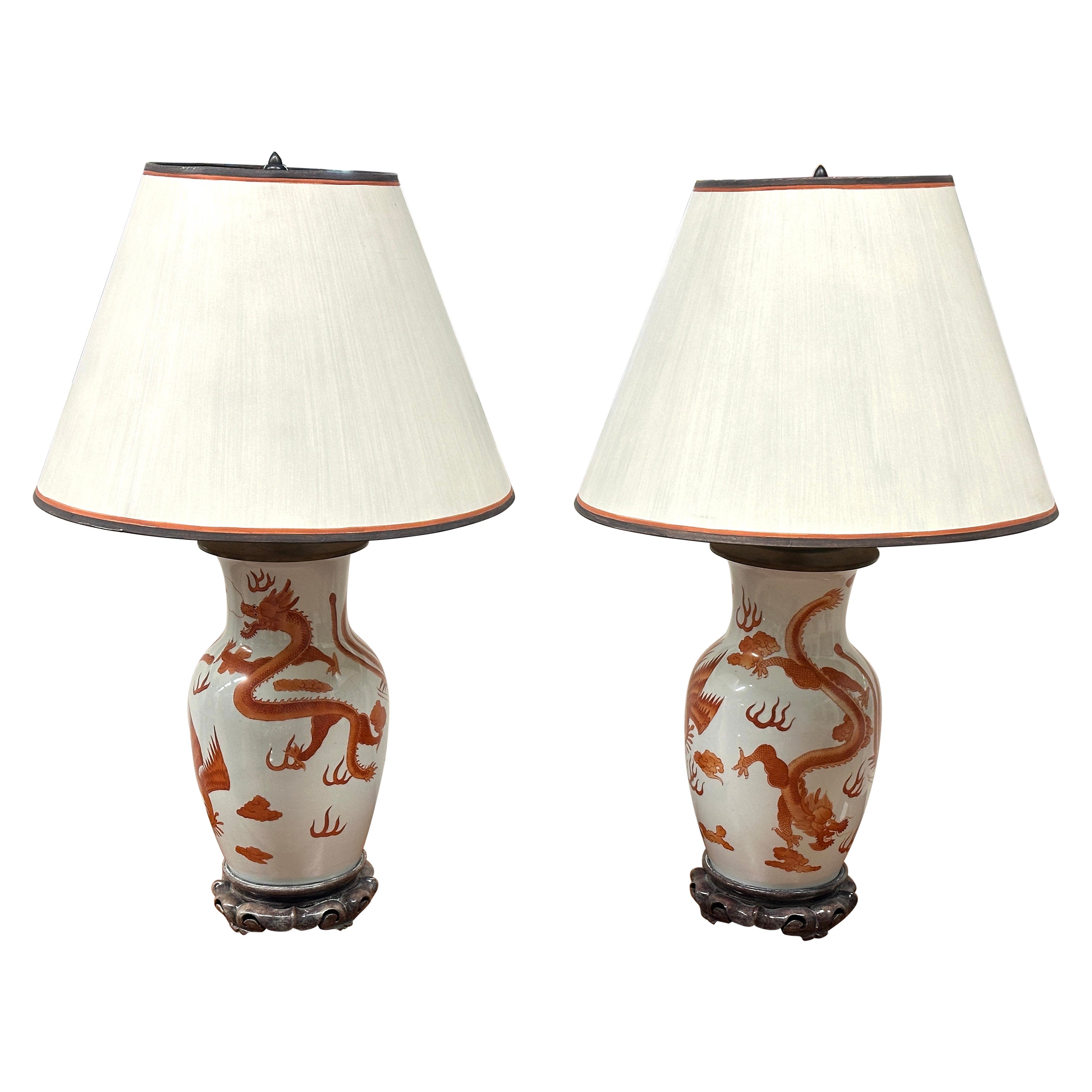 Dragon and Phoenix Motif Chinese Porcelain Lamps For Sale