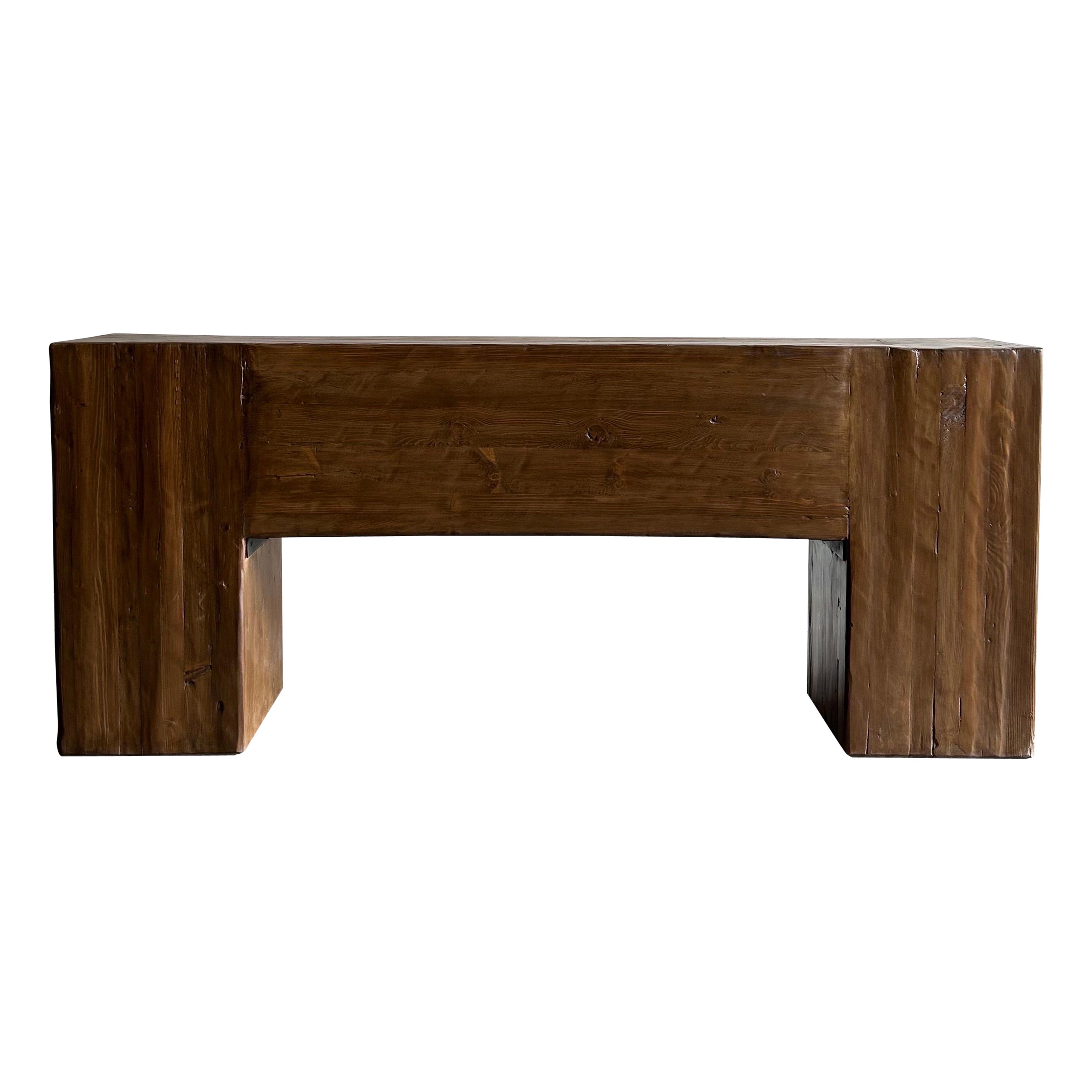 Table console à poutres en bois récupéré, finition noyer
