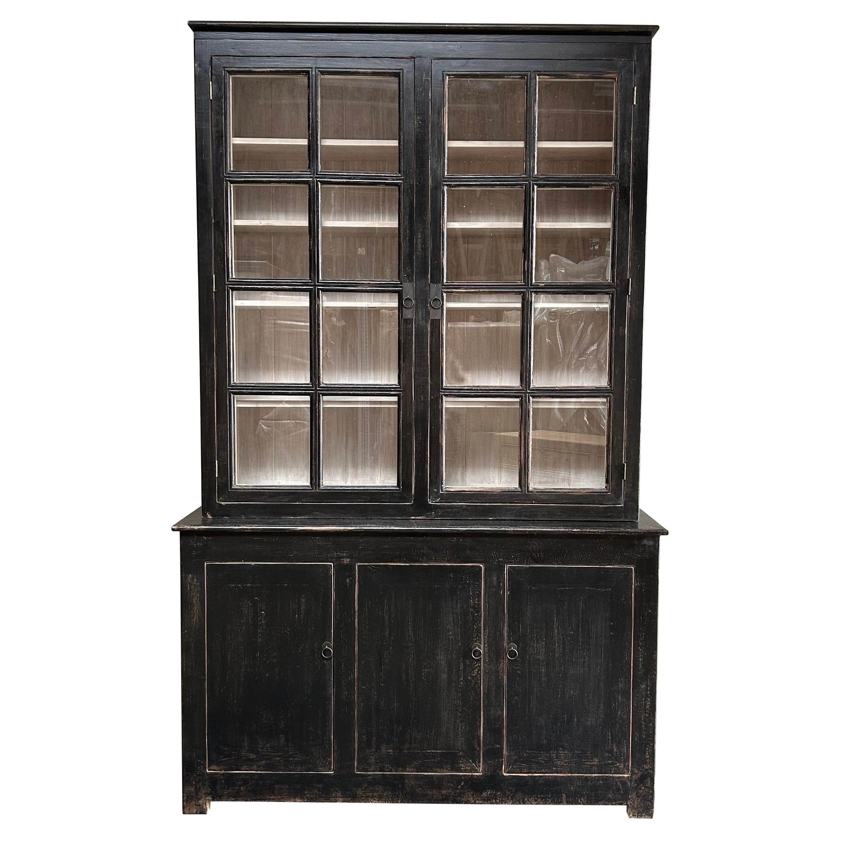 Vintage Style Reclaimed Wood Hutch in Distressed Black Finish For Sale