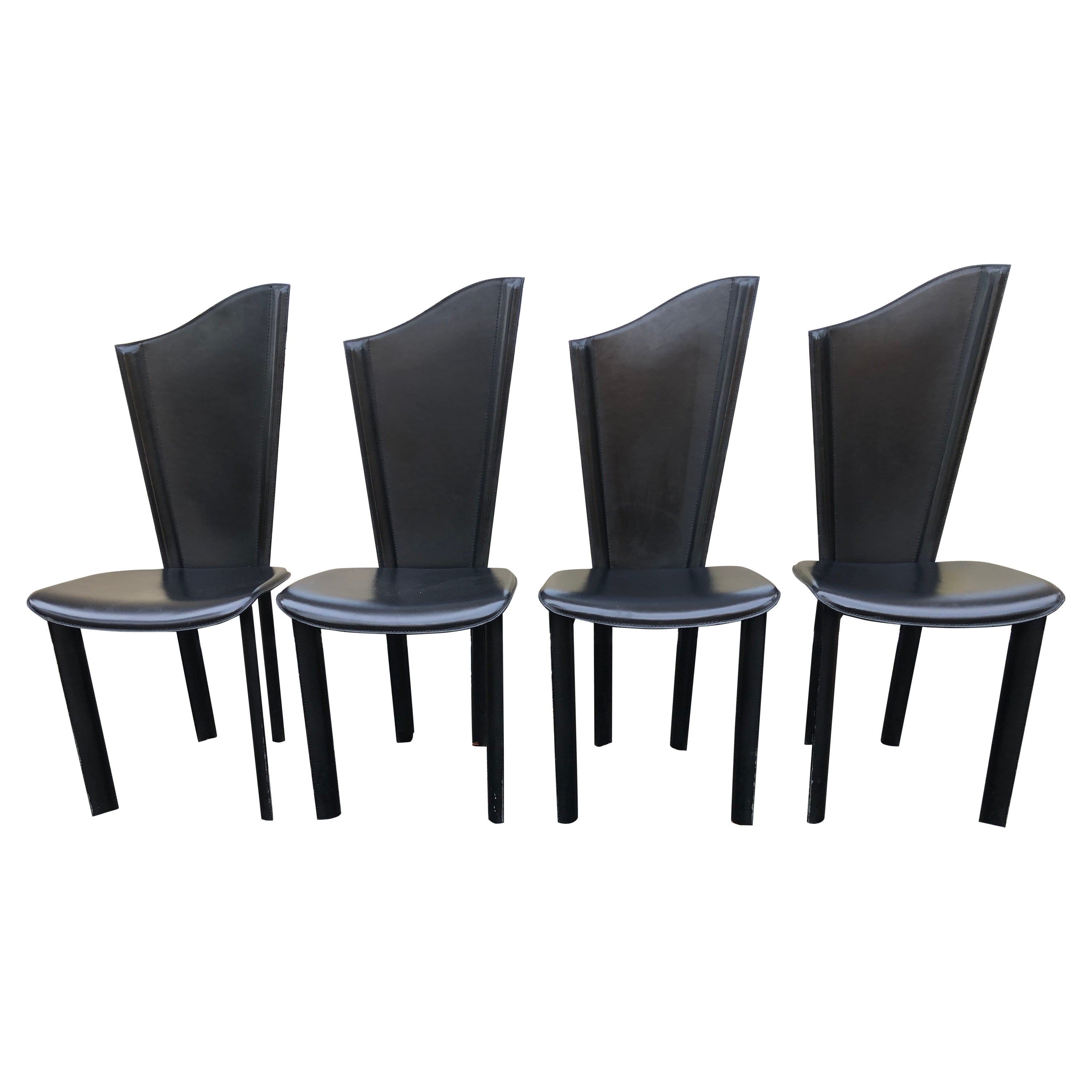 Stylish Set of 8 Italian Black Leather Dining Chair Tall Asymmetric Back   For Sale