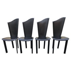 Ensemble de 8 chaises de salle à manger en cuir noir italien grand dossier asymétrique  