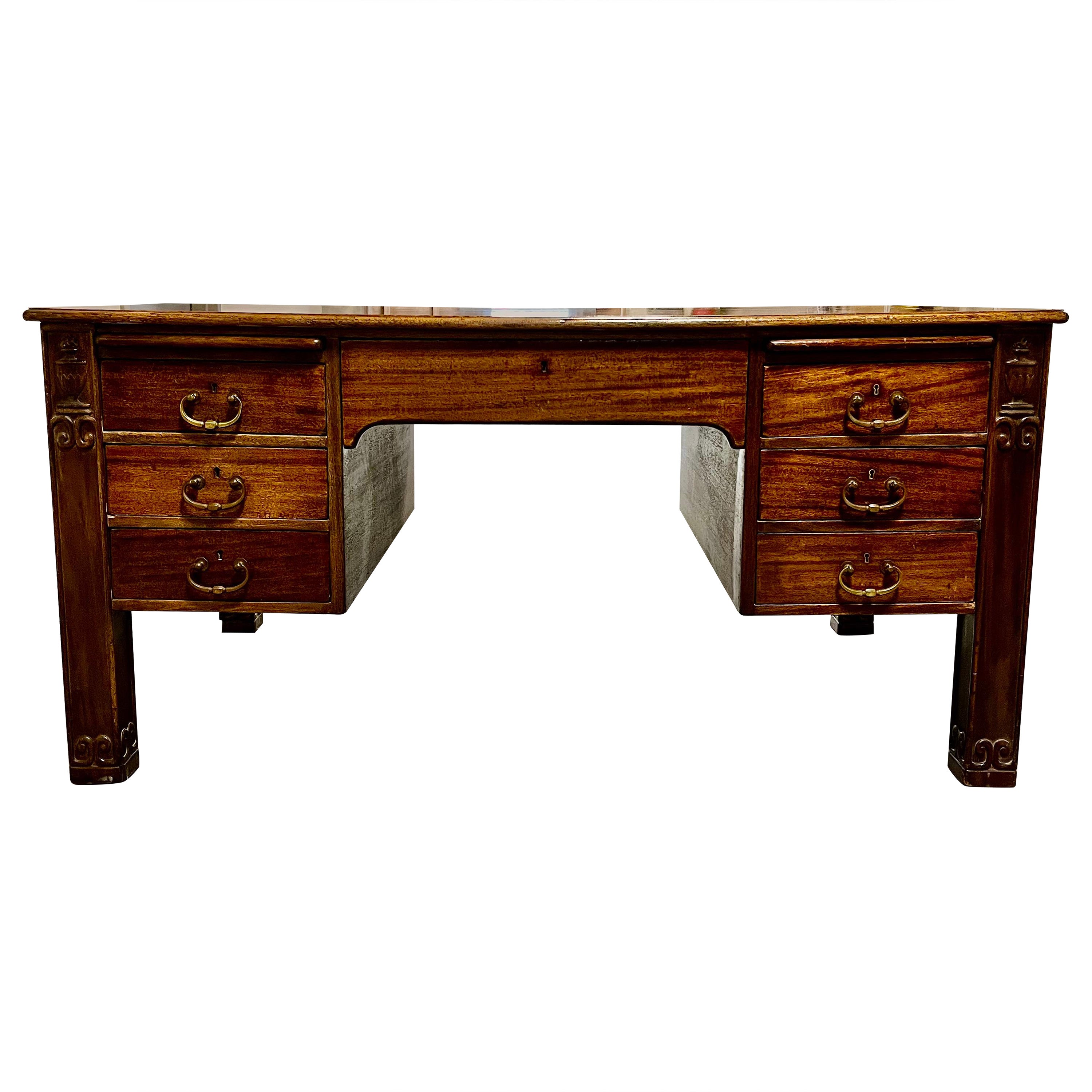 Antique Oak English Partners Desk with 14 Drawers  For Sale