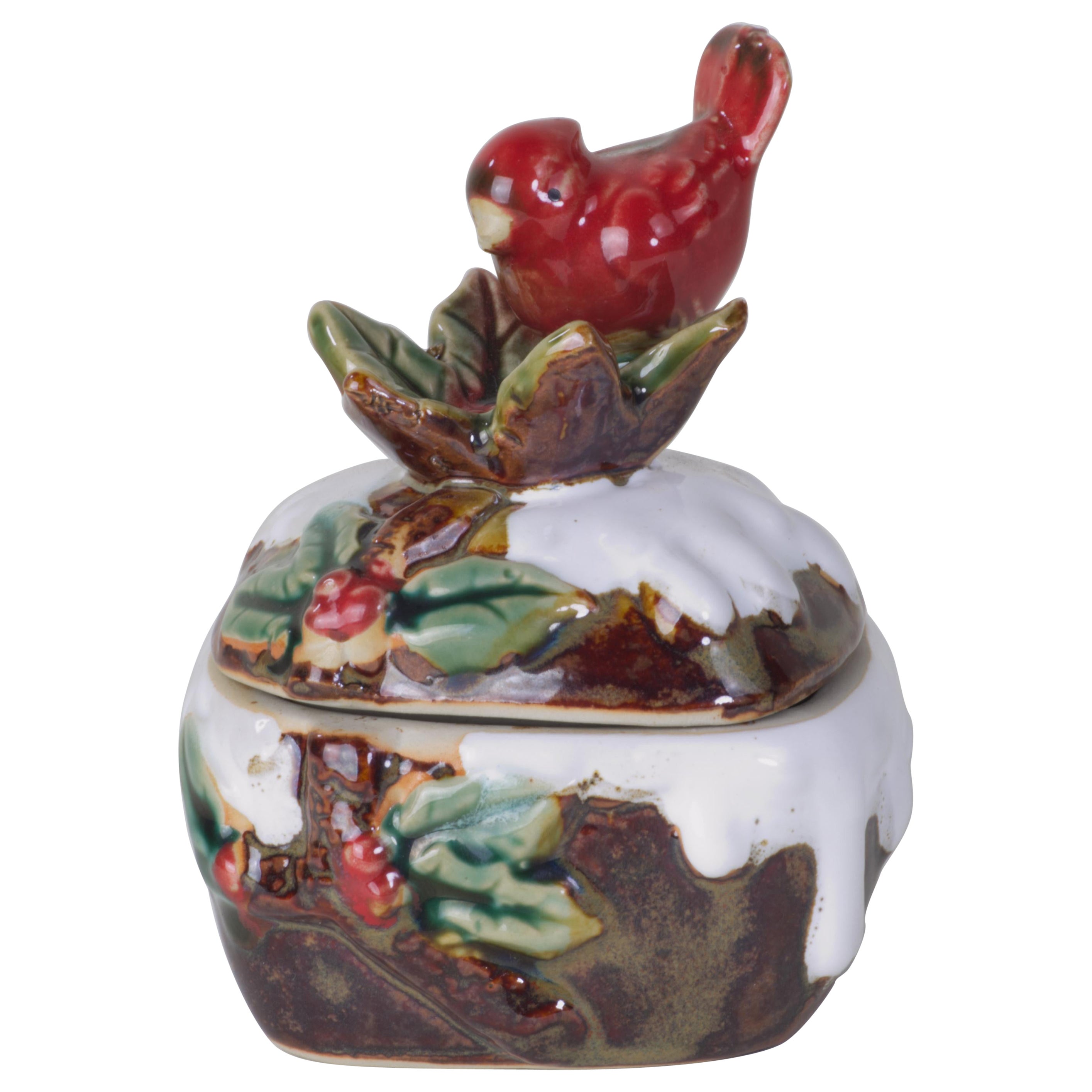 Studio Pottery Keramikschachtel mit Deckel, Vogel, Blättern und Beeren, mehrfarbige Glasur im Angebot