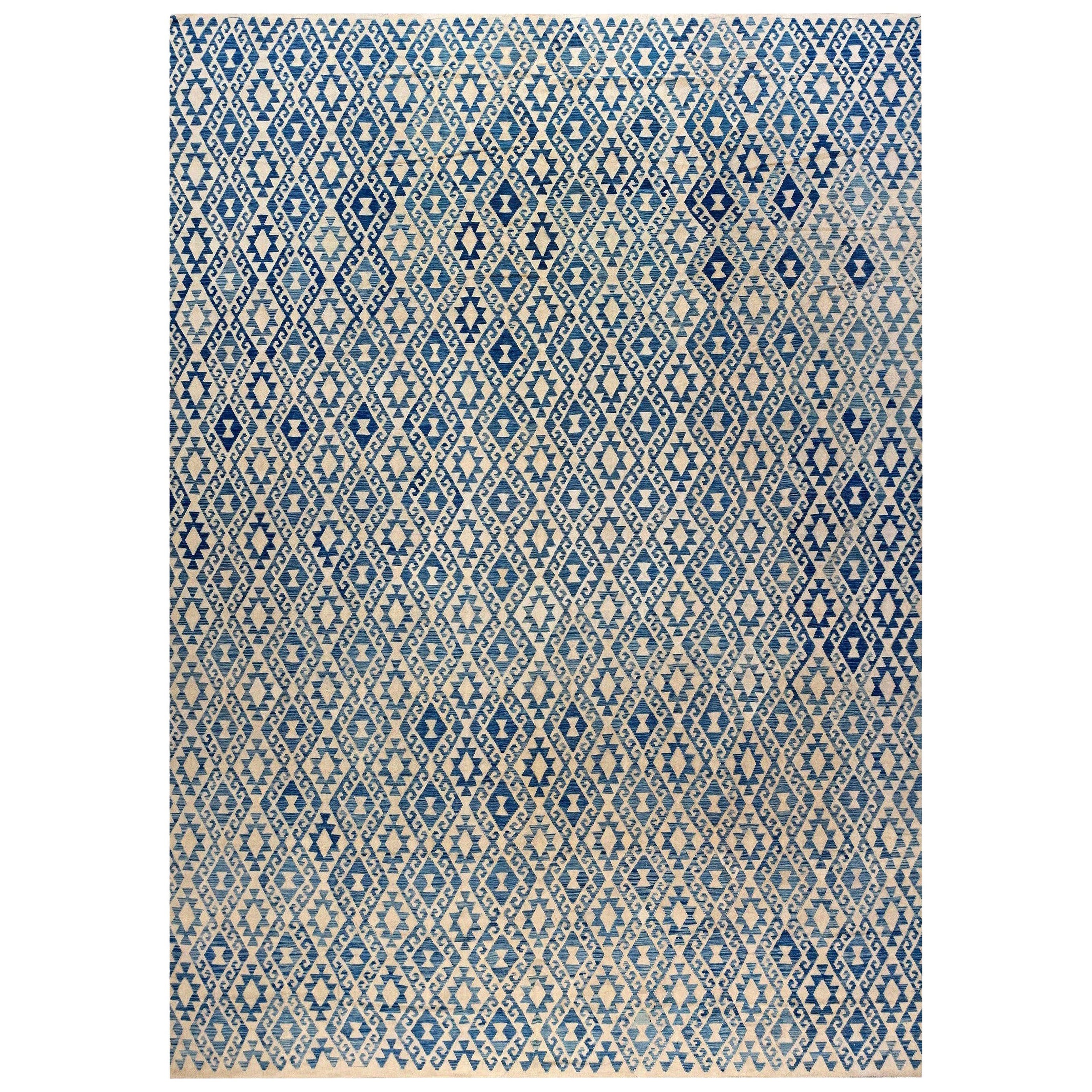 Contemporary Geometric Blue and Beige Flat-Weave Wool Rug by Doris Leslie Blau For Sale