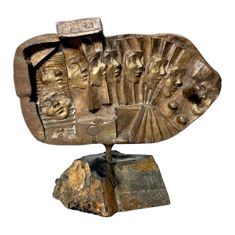 Signed Kyriakos Rokos Brutalist Bronze Surrealist Abstract Relief Sculpture 1971