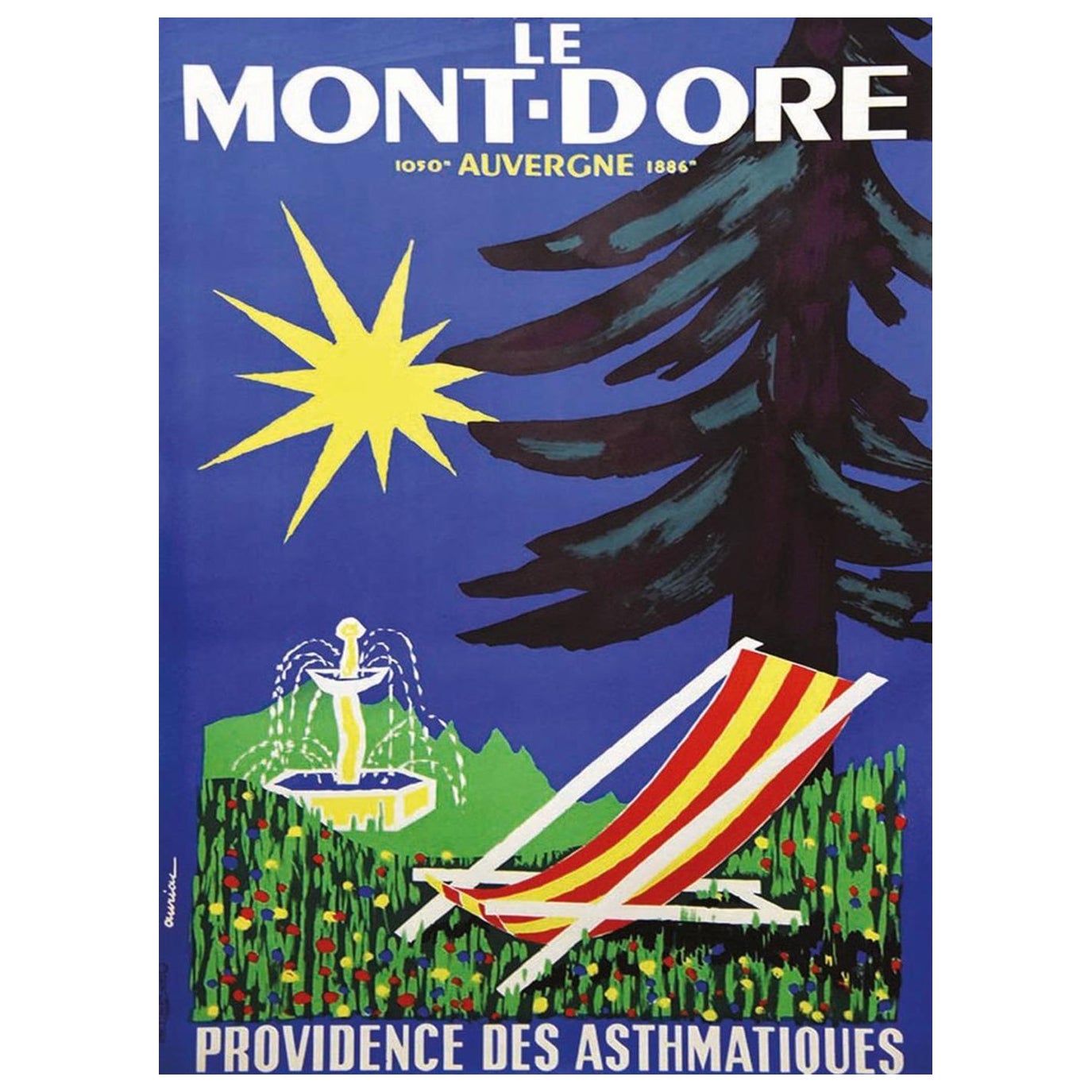 Affiche vintage d'origine Auriac Le Monte Dore Auvergne, 1950