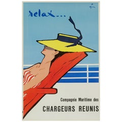 Gruau, affiche vintage d'origine, relax, réunions de chargeurs, bateau, femme, 1954