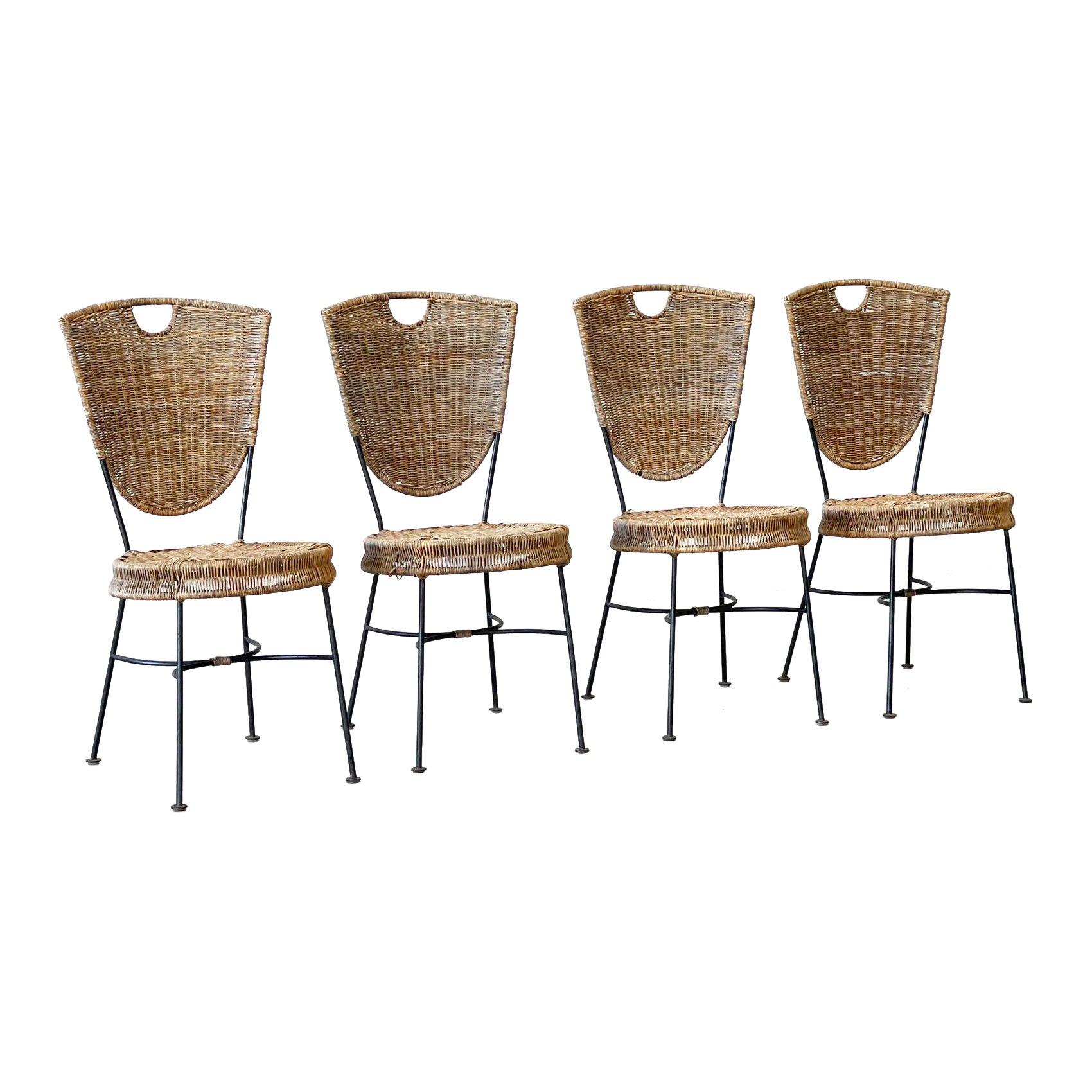 Rattan and metal dining chairs For Sale