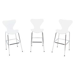 Danish Mid-Century Modern Arne Jacobsen Style Series 7 White Bar Stools Set of 3