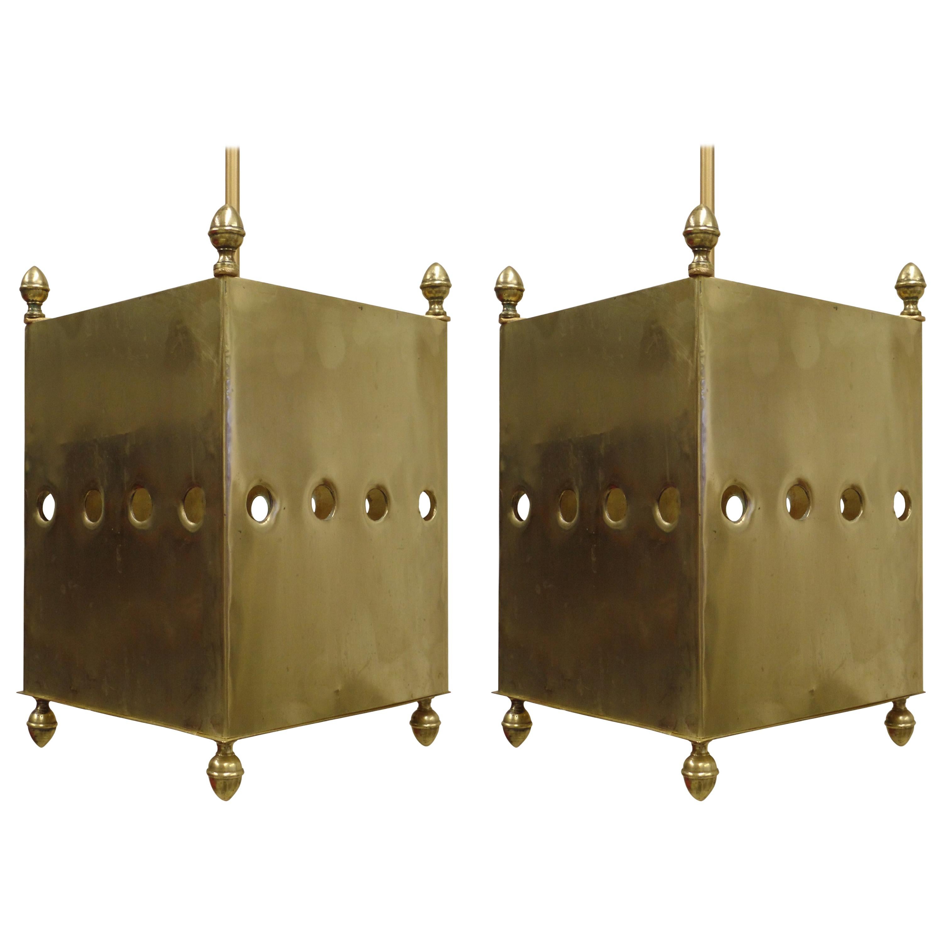 Two French Mid-Century Modern Neoclassic Brass Pendants/ Lanterns, Maison Baguès For Sale