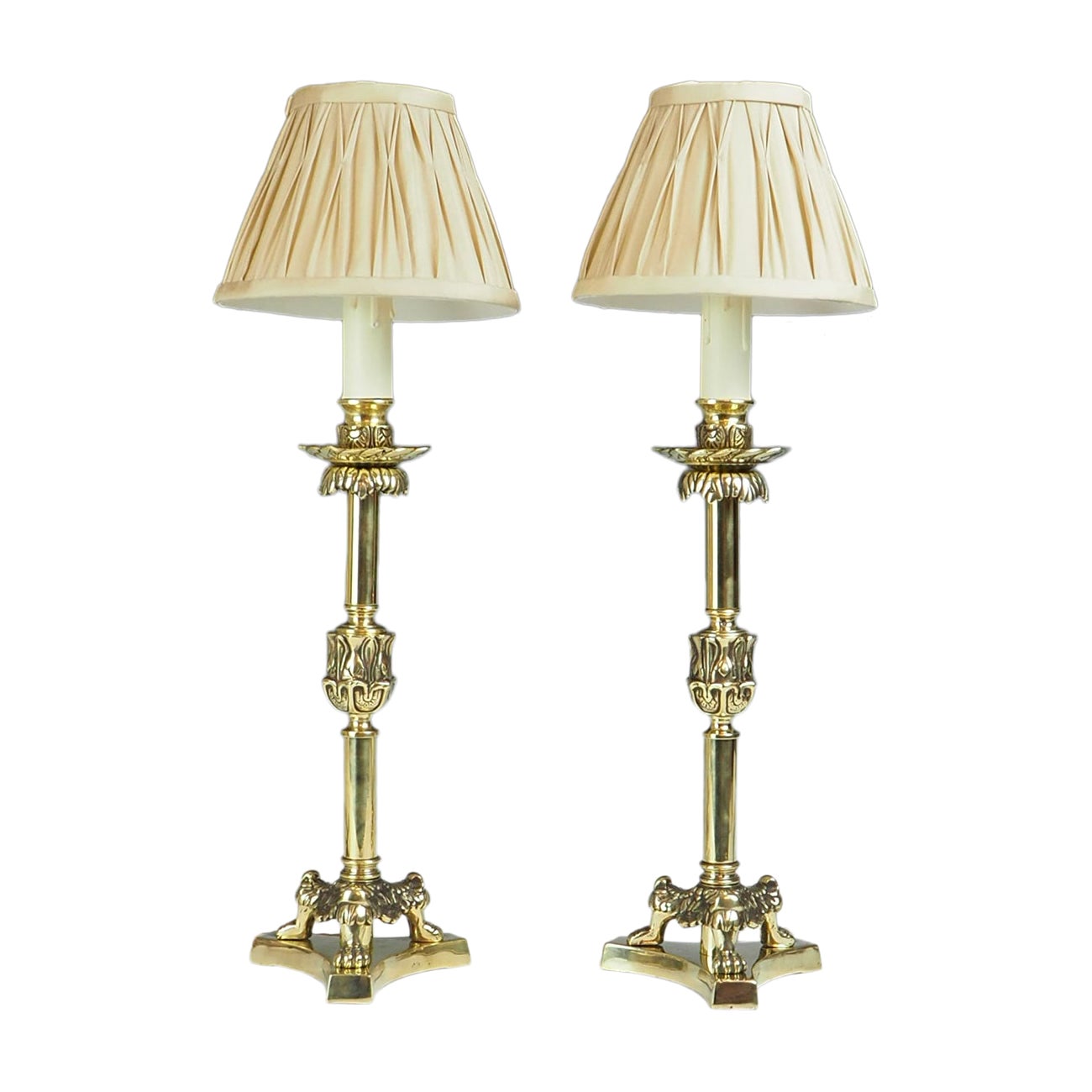 19th Century Pair of Elegant Brass Candlestick Lamps On Tri-form Lion Claws Feet For Sale