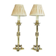 19th Century Pair of Elegant Brass Candlestick Lamps On Tri-form Lion Claws Feet