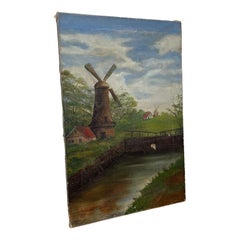 Peinture originale sur toile vintage signée d'un paysage de moulin à vent