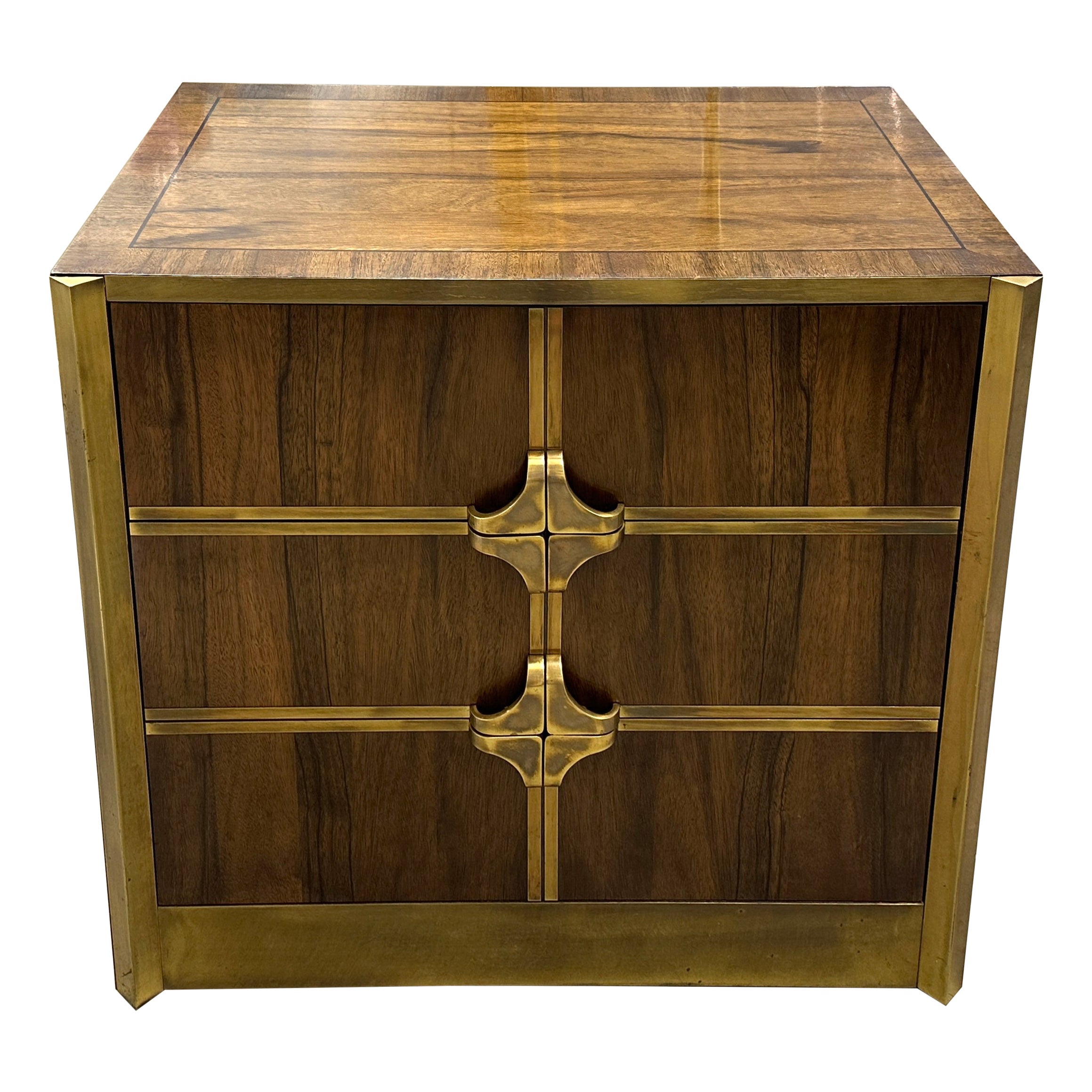  1970’s Mastercraft Walnut and Brass Chest of Drawers For Sale