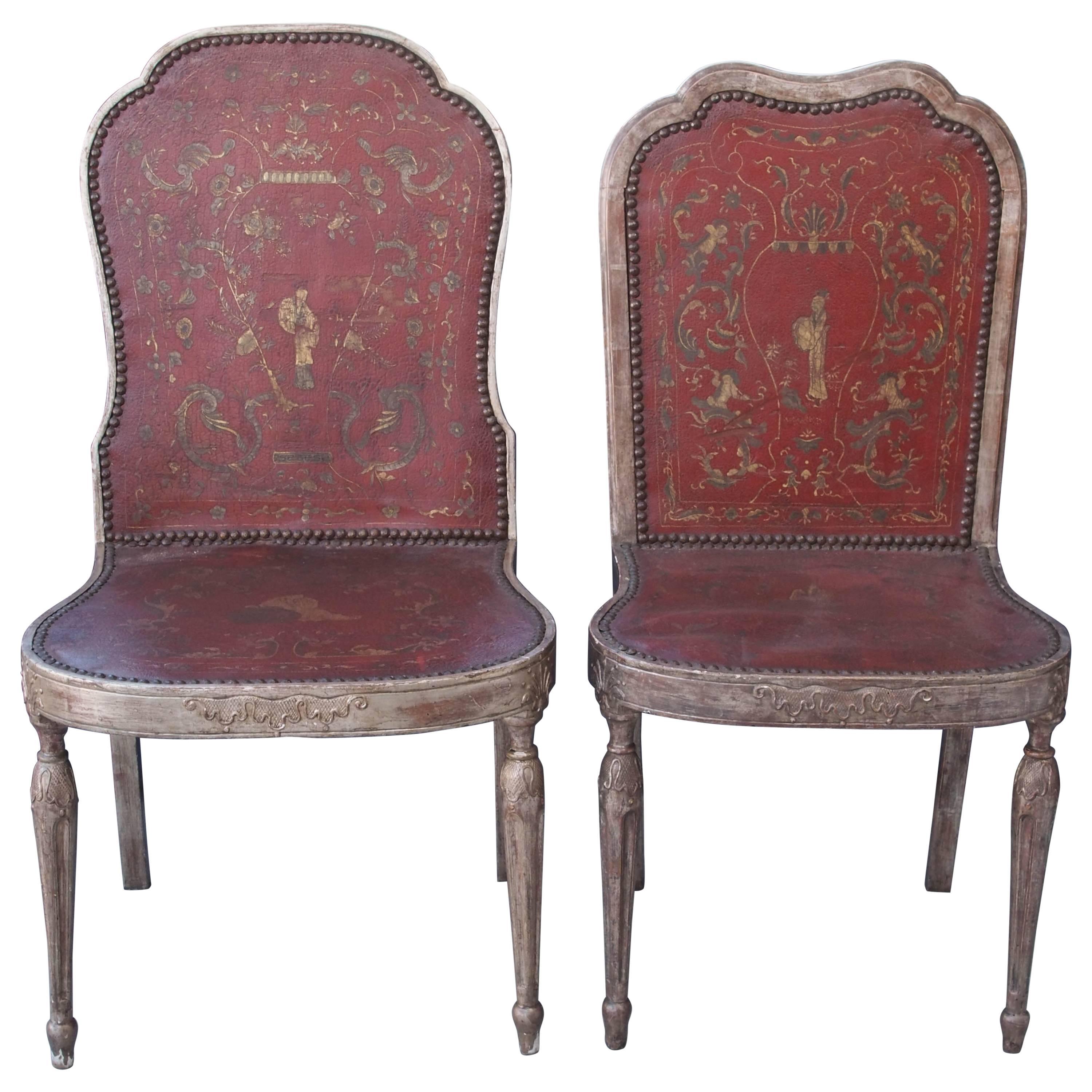 Two Sets of Four Silver Gilt Chairs with Chinoisorie Leather Seats and Backs