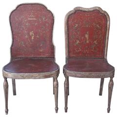 Antique Two Sets of Four Silver Gilt Chairs with Chinoisorie Leather Seats and Backs
