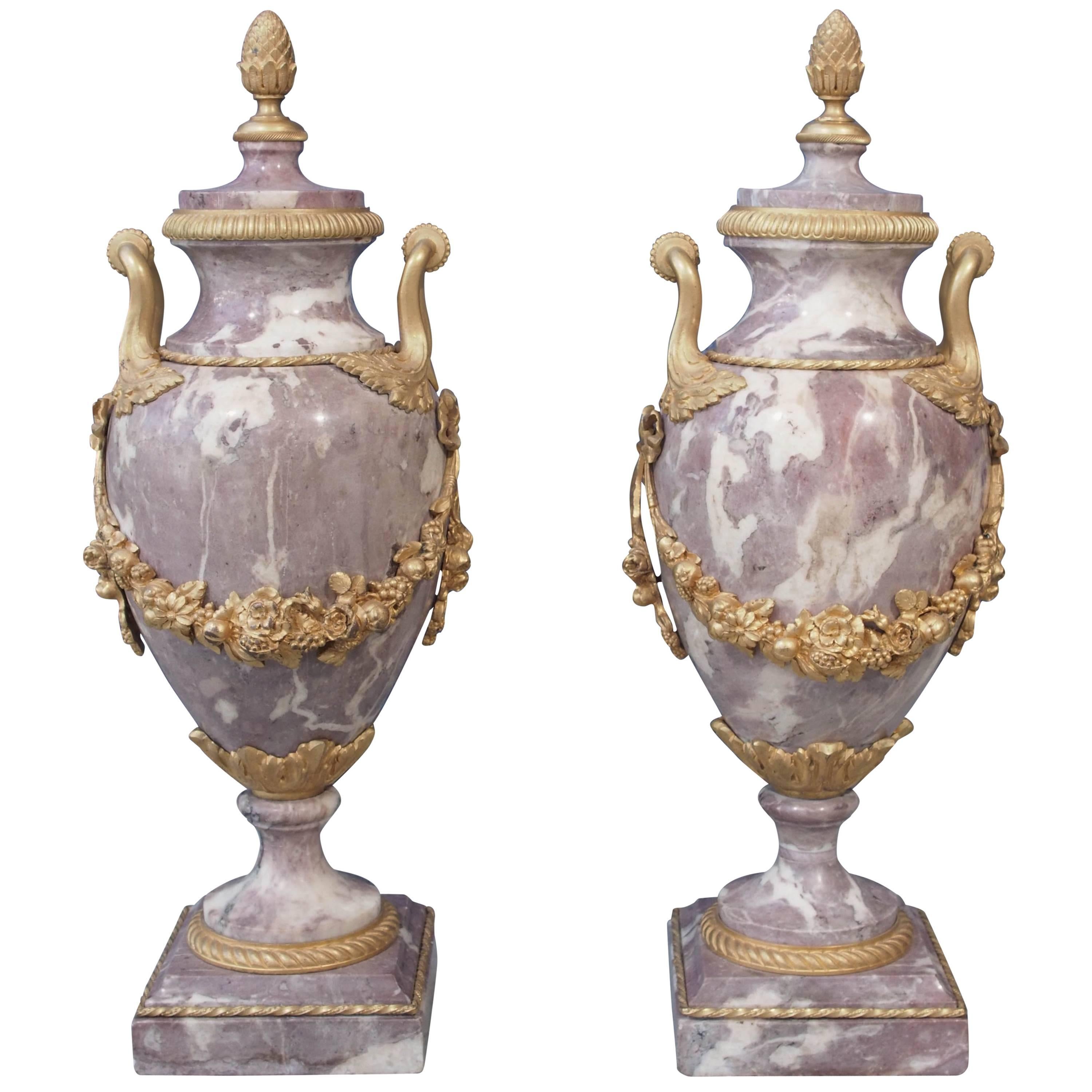Pair of Gilt Bronze-Mounted Marble Garniture Urns For Sale