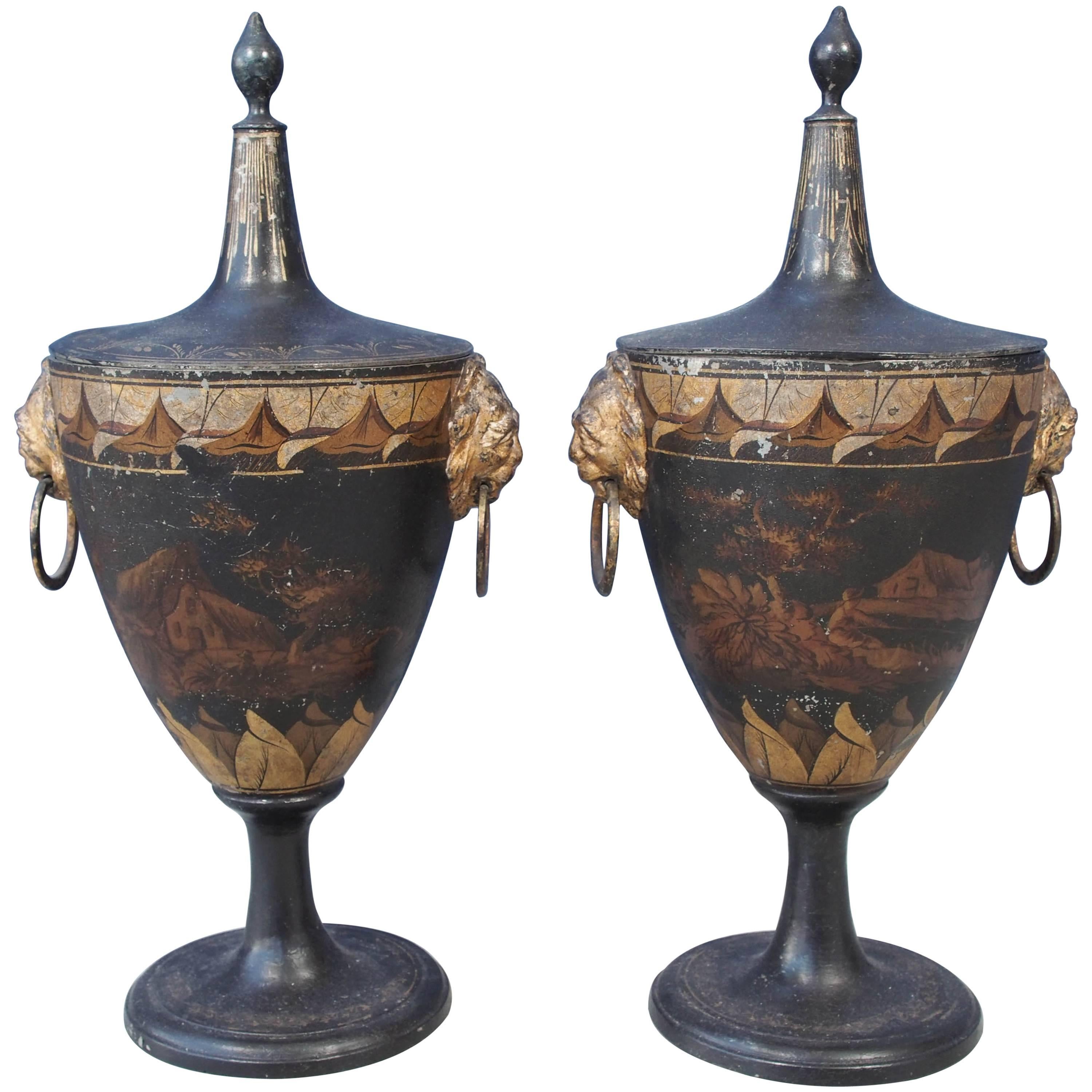 Pair of Tole Painted and Gilt Covered Chestnut Urns For Sale