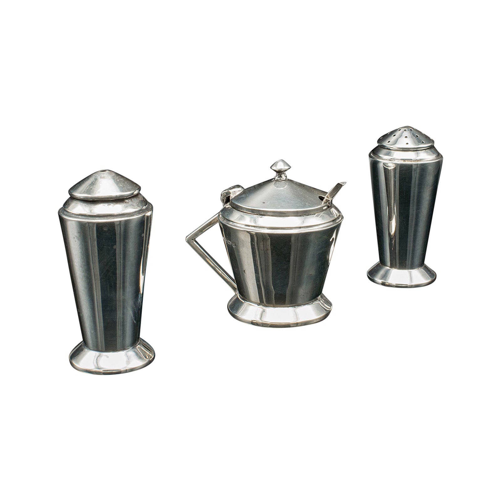 Vintage Condiment Set, English, Silver, Salt, Pepper Shaker, Sauce Pot, Art Deco