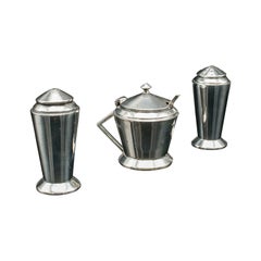 Vintage Condiment Set, English, Silver, Salt, Pepper Shaker, Sauce Pot, Art Deco